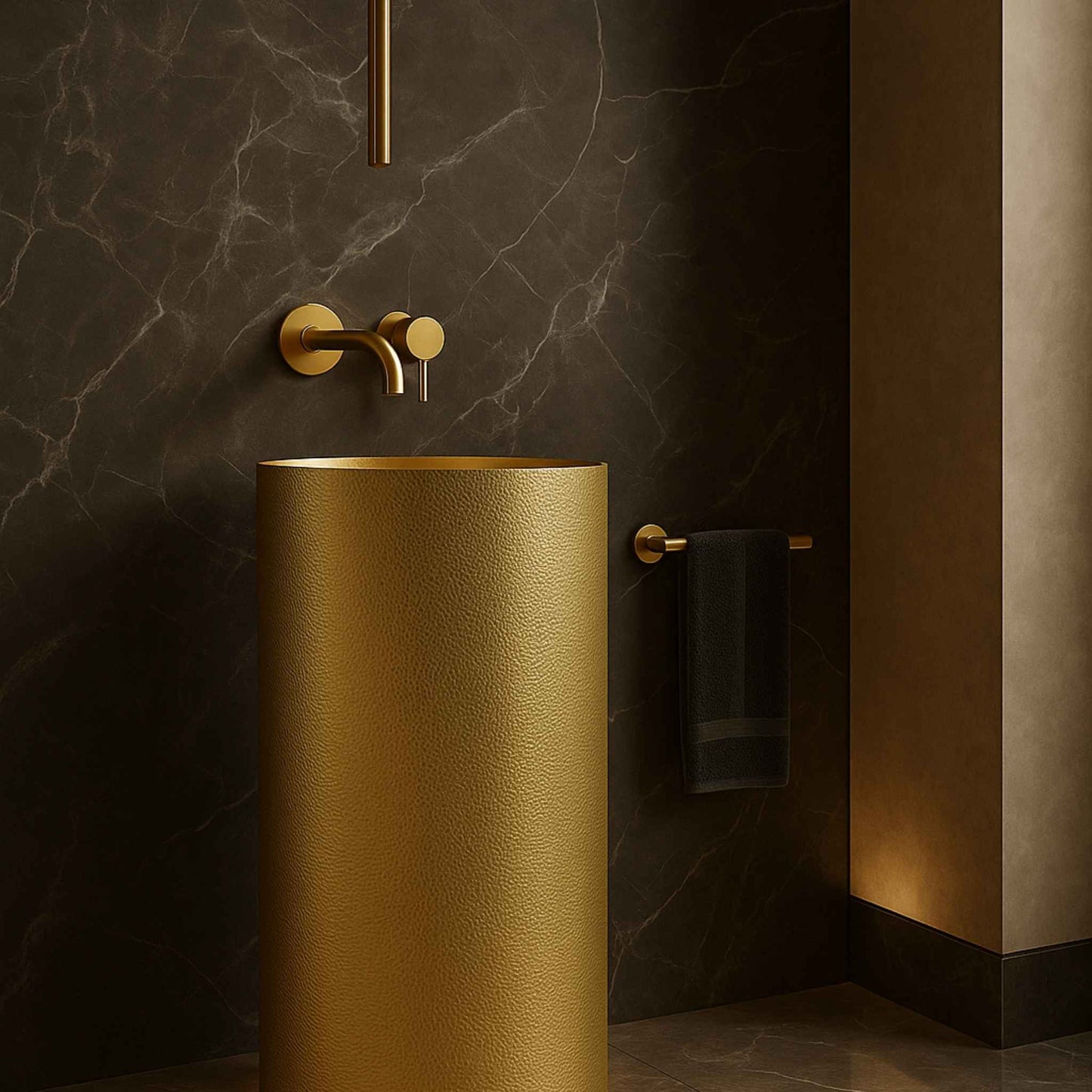 Full luxury bathroom interior featuring a freestanding gold pedestal basin