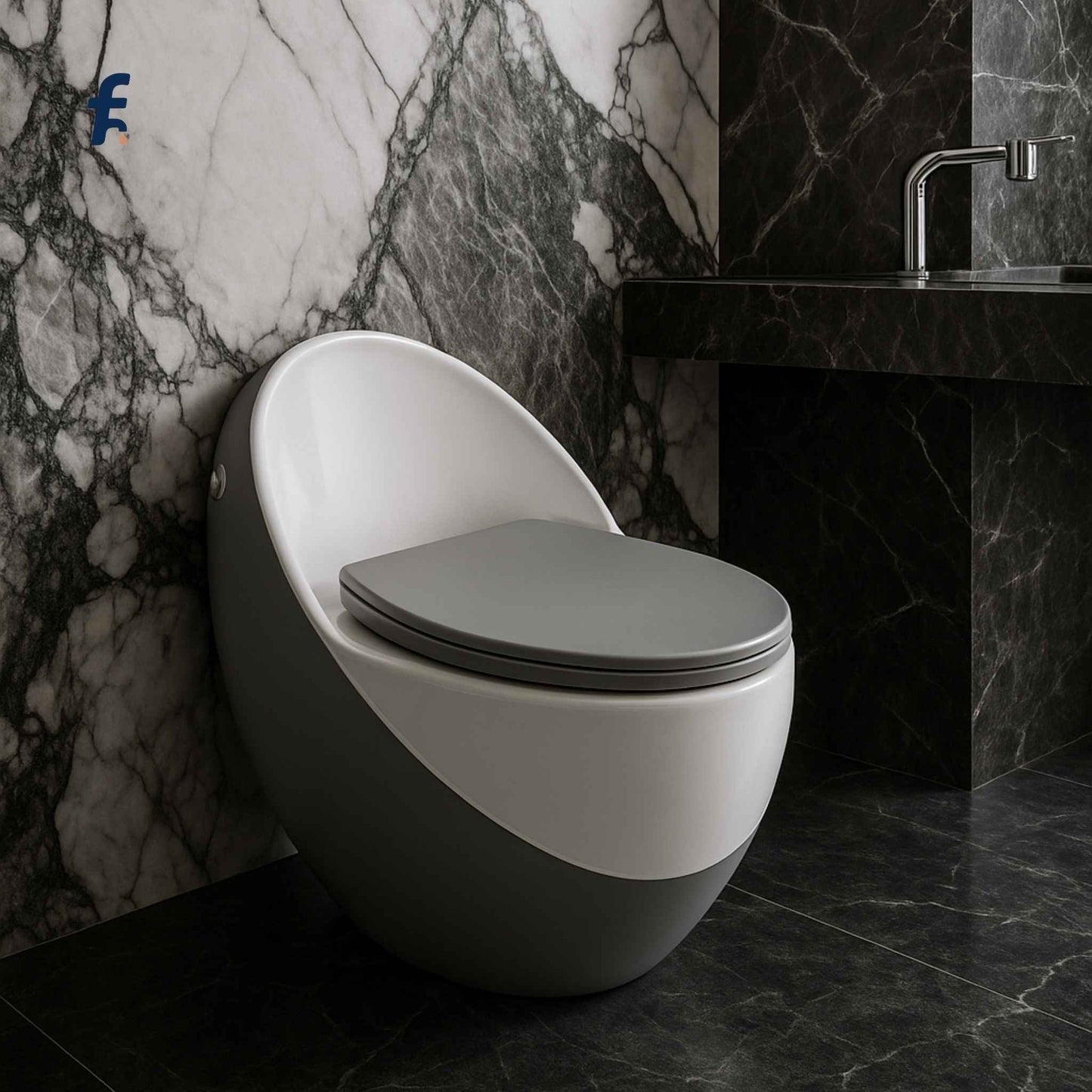 Luxurious bathroom with matt grey white integrated toilet and Italian marble décor
