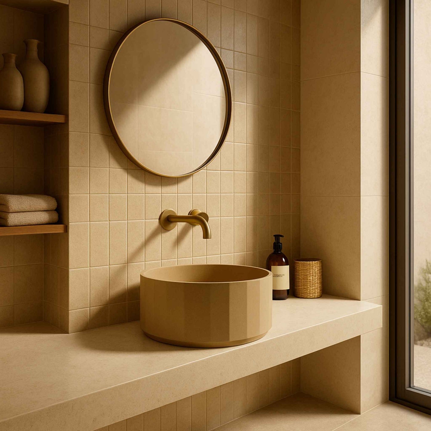 “Full view of a luxury bathroom featuring a modern designer stone washbasin with premium interior finishes”