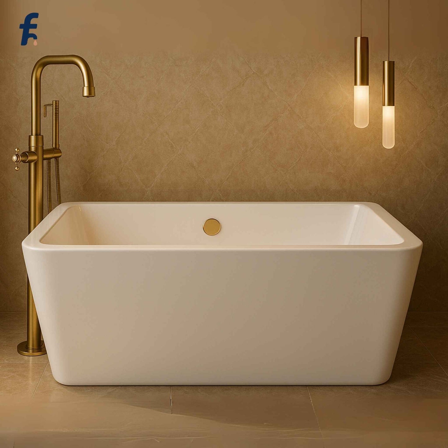 White freestanding bathtub with gold faucet and fixtures in a bathroom setting.
