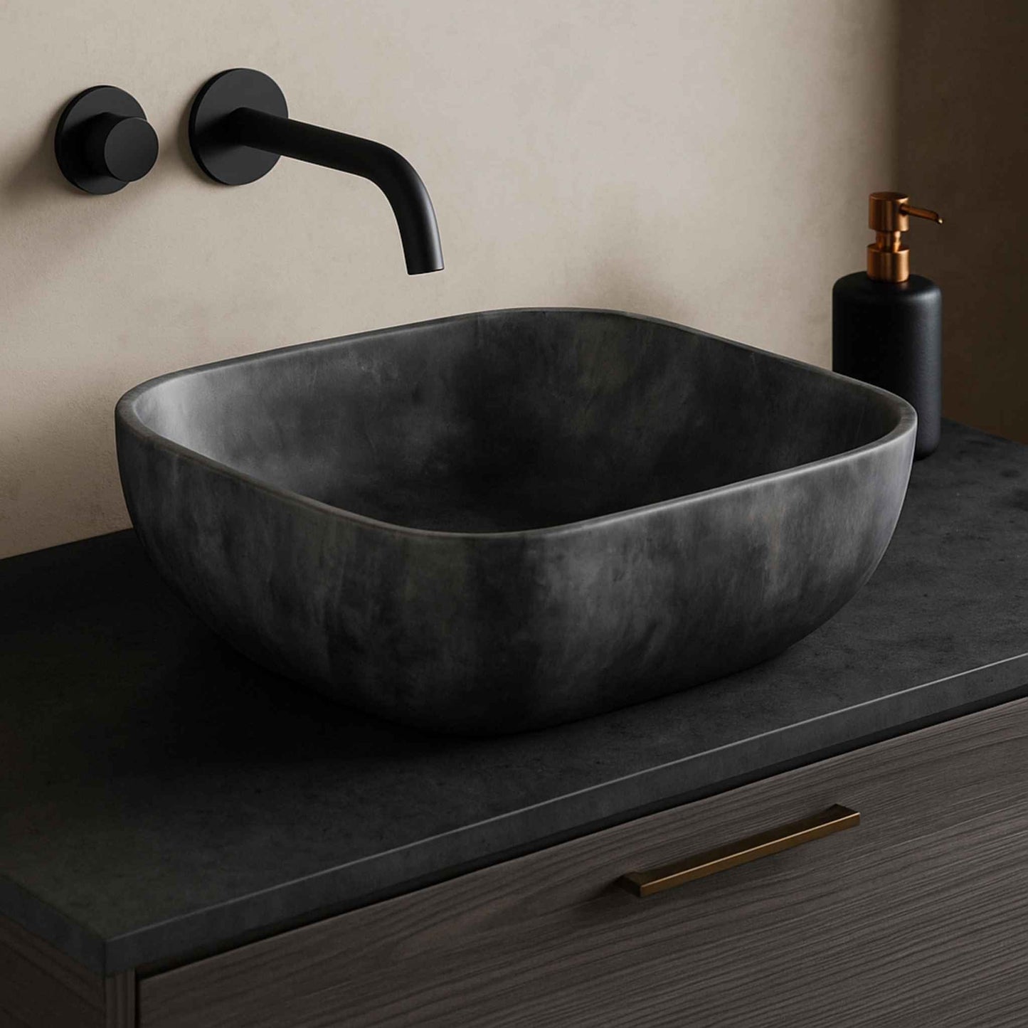 side angle of luxury black wash basin with curved rectangular design