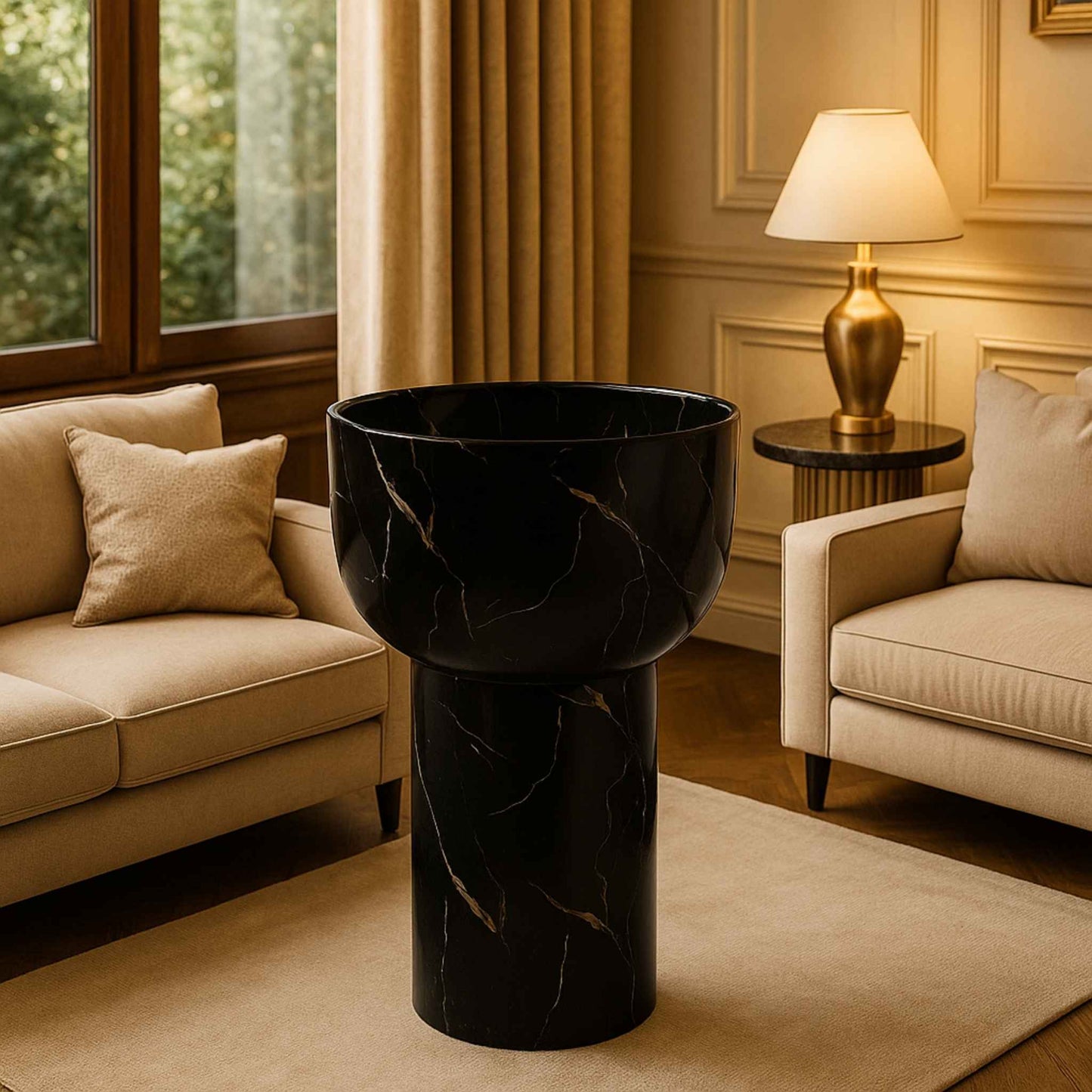 Luxury black marble pedestal washbasin with veined stone finish for designer bathrooms in a luxury atmosphere