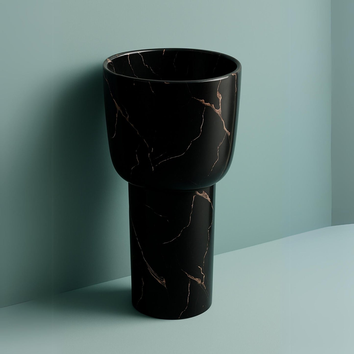 Luxury black marble pedestal washbasin with veined stone finish for designer bathrooms side angle