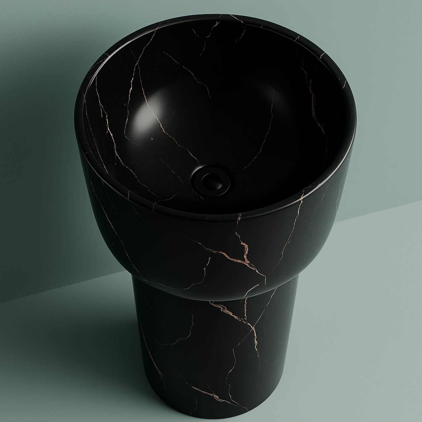 Luxury black marble pedestal washbasin with veined stone finish for designer bathrooms top angle