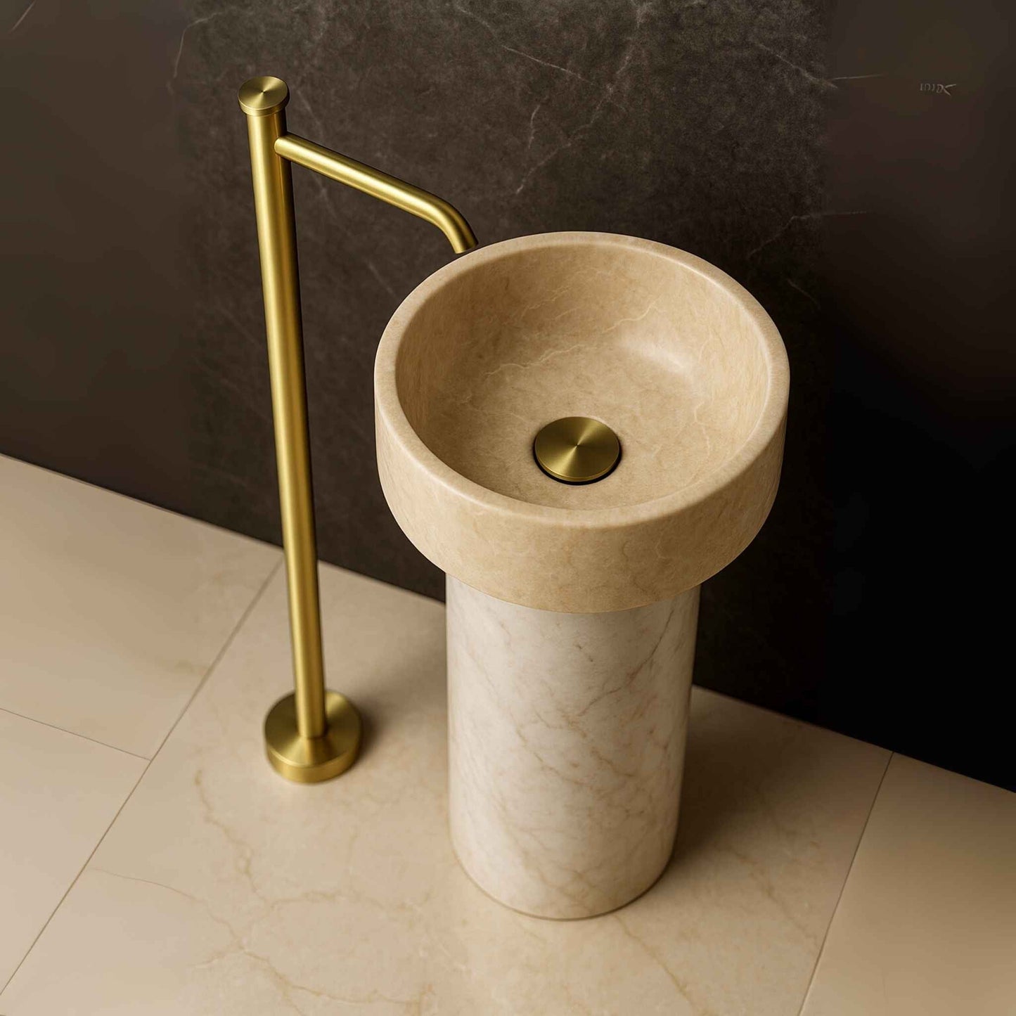 Top view of premium brushed gold floor basin mixer for luxury bathrooms