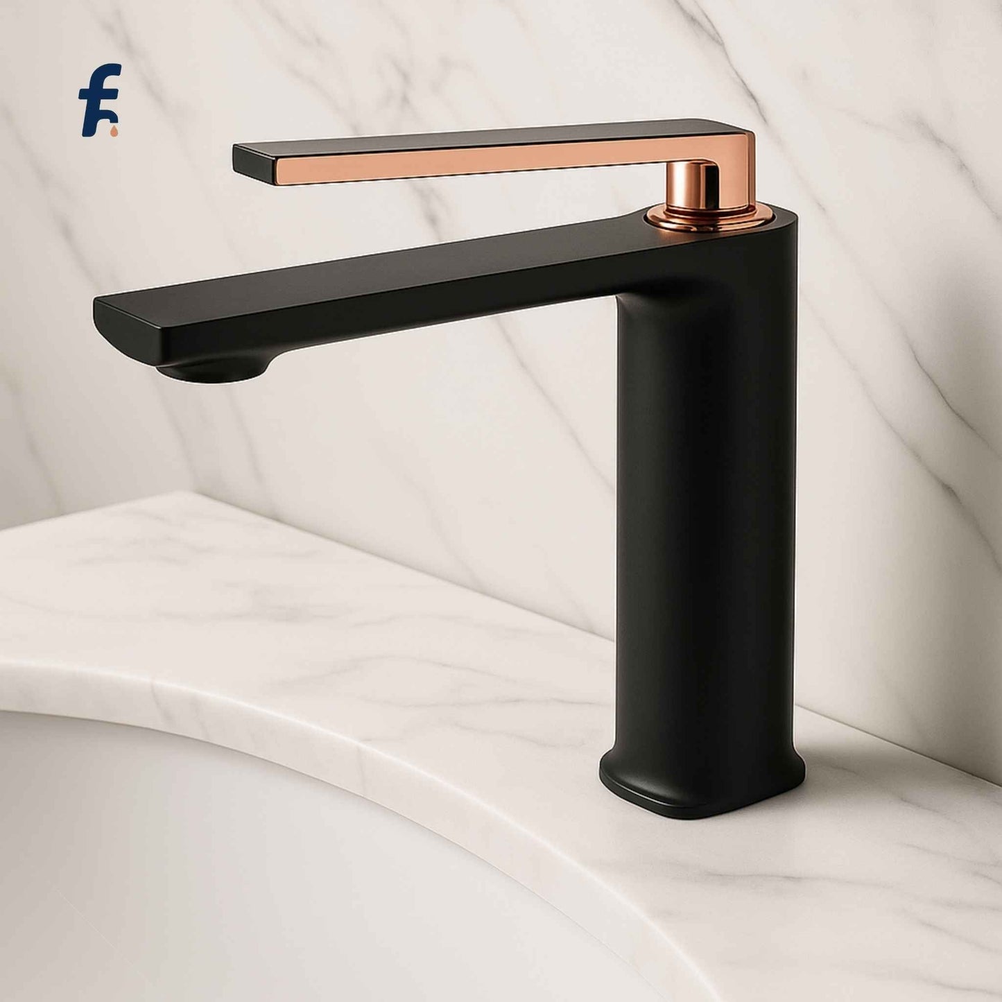 Black and rose gold faucet on a white background, Side close-up of tall mixer tap in modern black finish