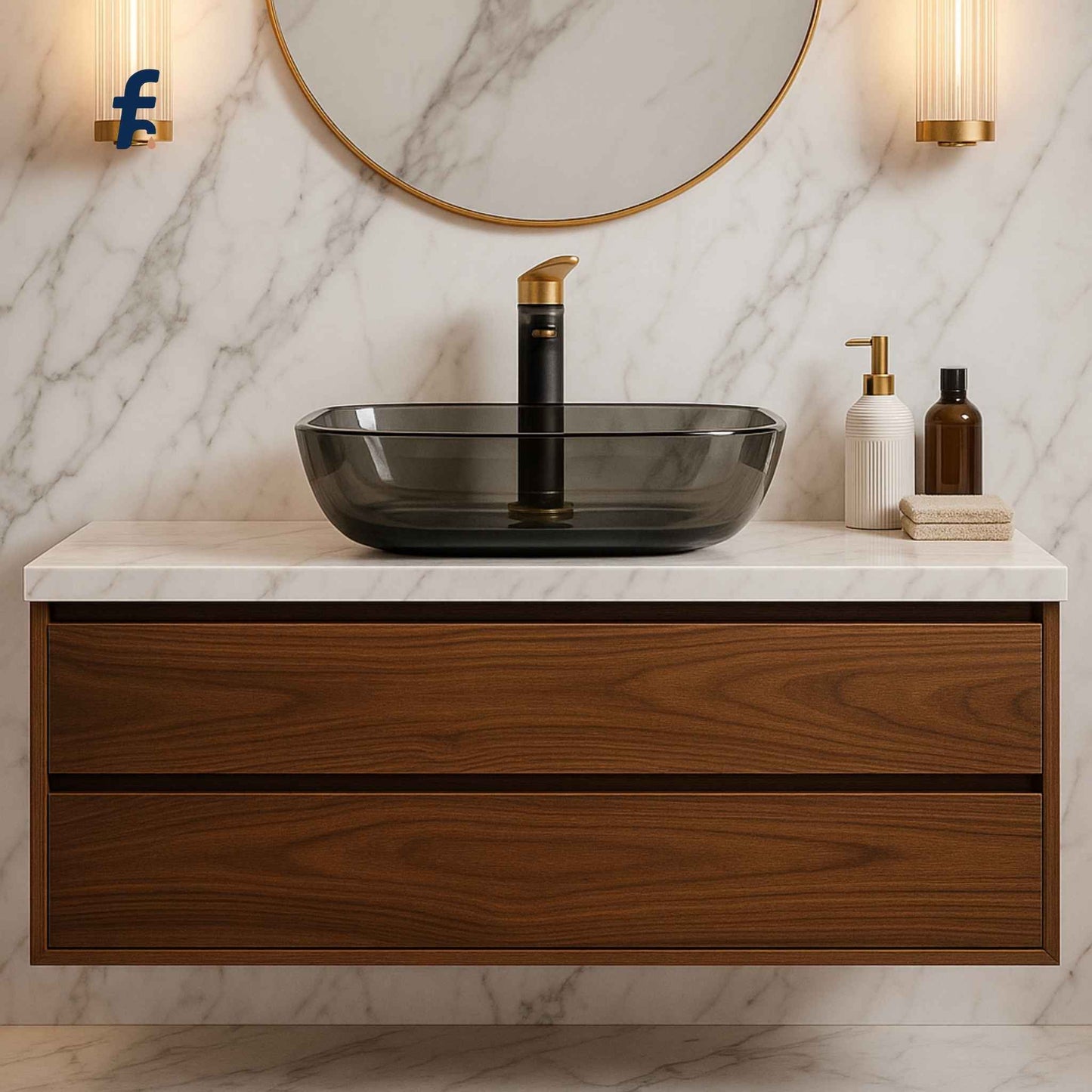 Bathroom vanity with black basin, wooden cabinet, and marble wall.