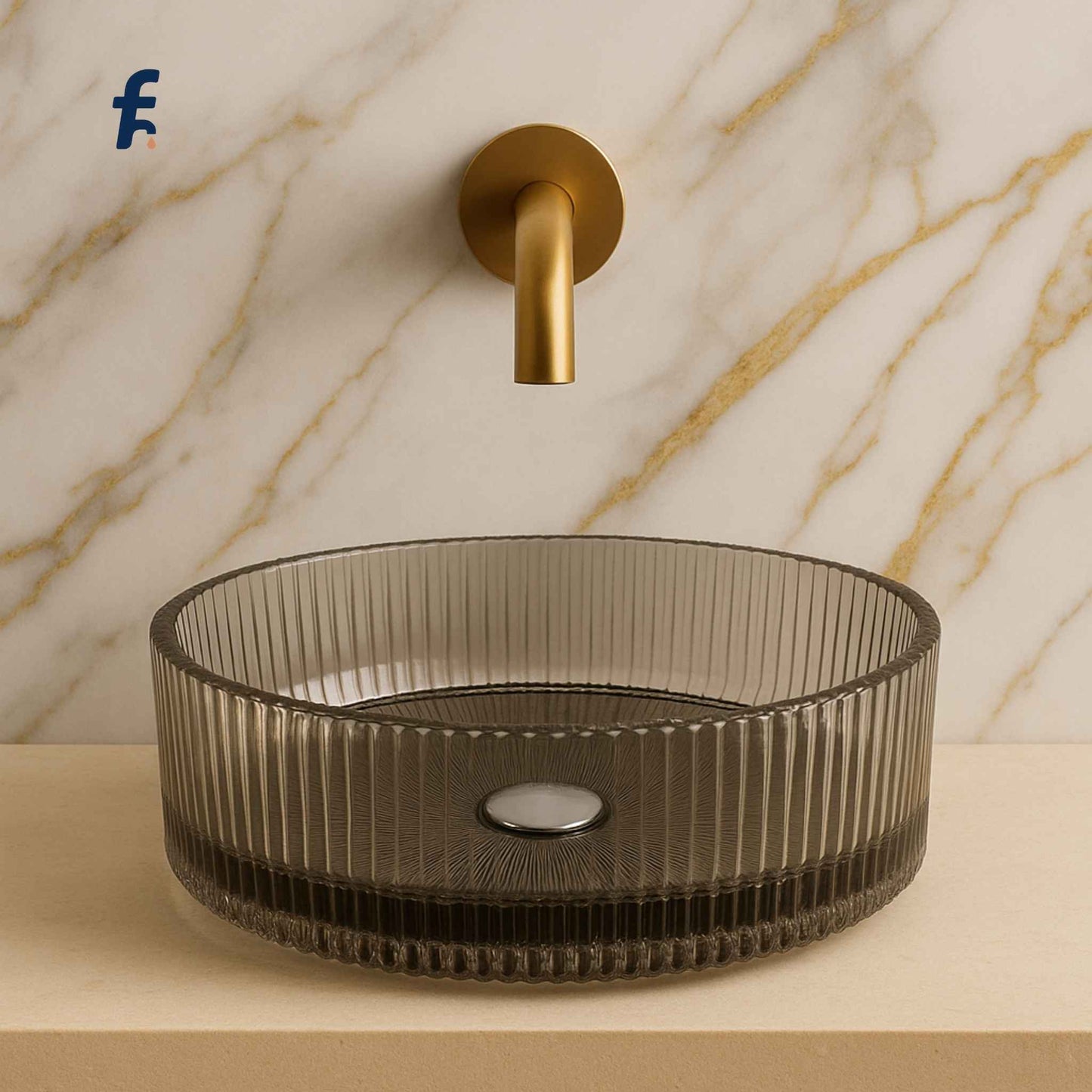 Front view of luxury fluted glass wash basin for modern bathroom