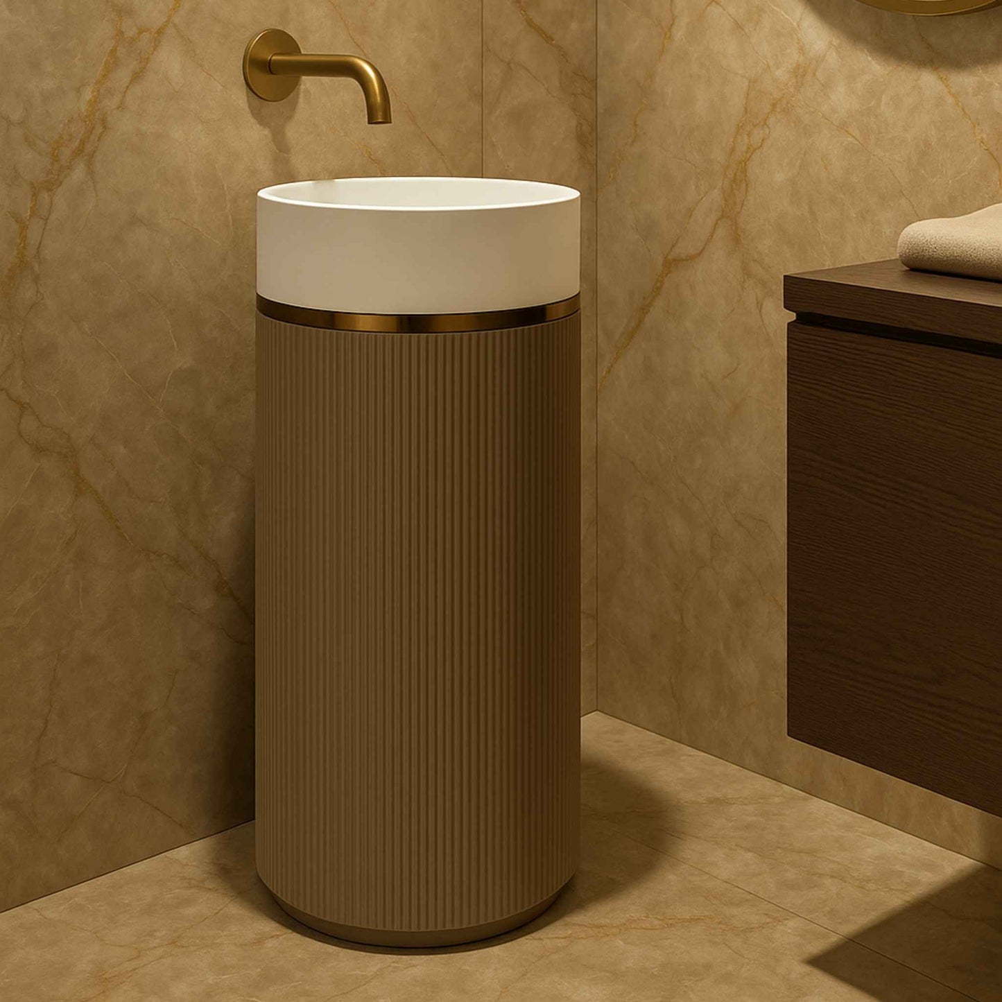 Side angle of luxury fluted pedestal wash basin showcasing textured body and sleek designer form.