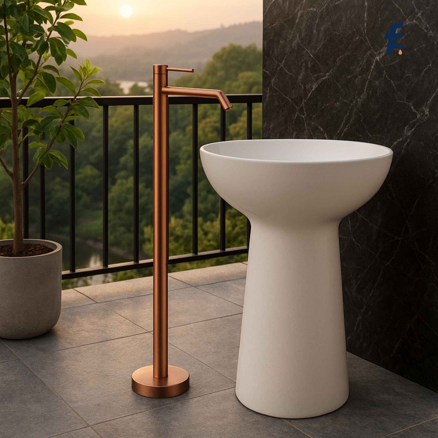 Brushed rose gold tall freestanding faucet with pedestal washbasin in modern luxury bathroom