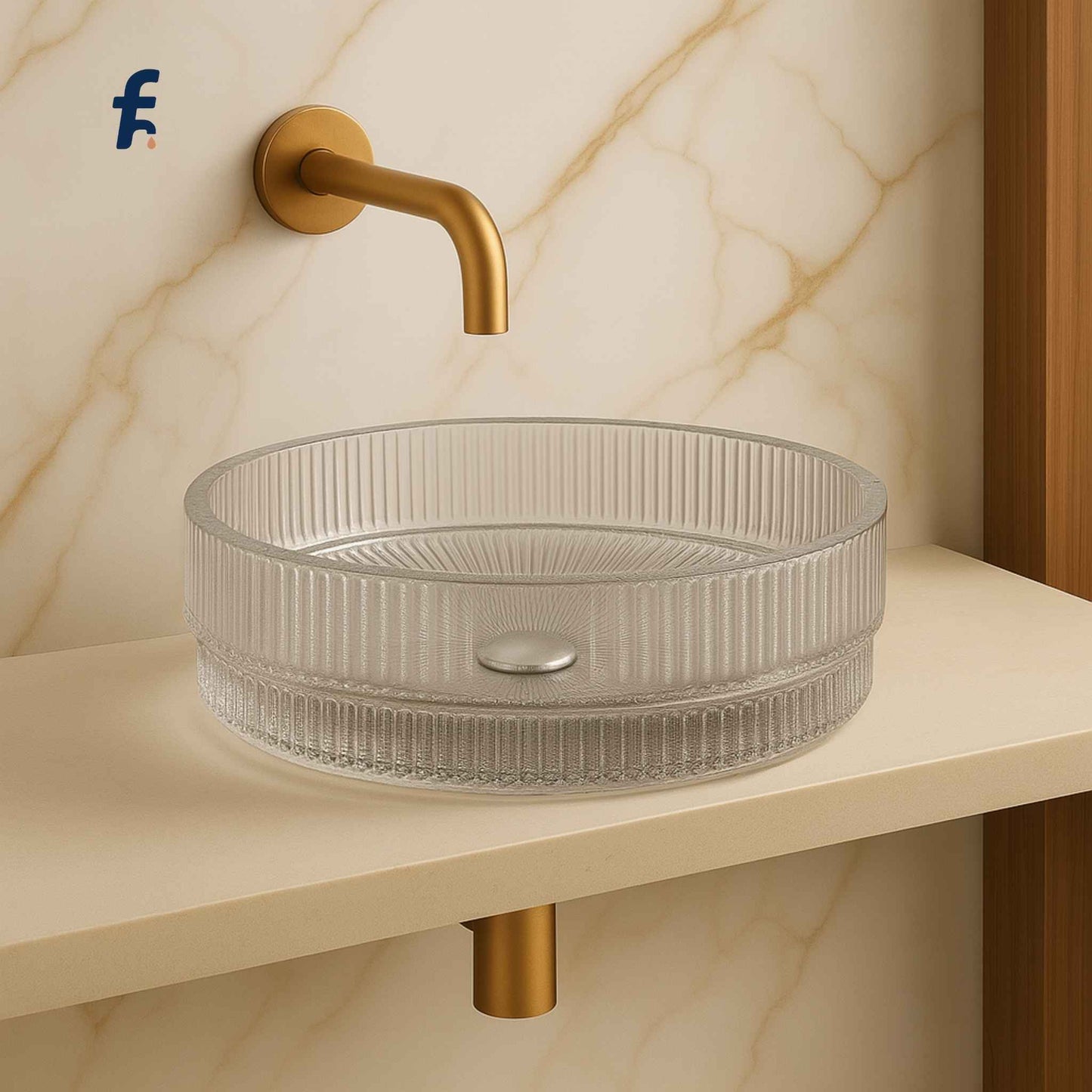 Front view of luxury transparent fluted glass wash basin for modern bathroom
