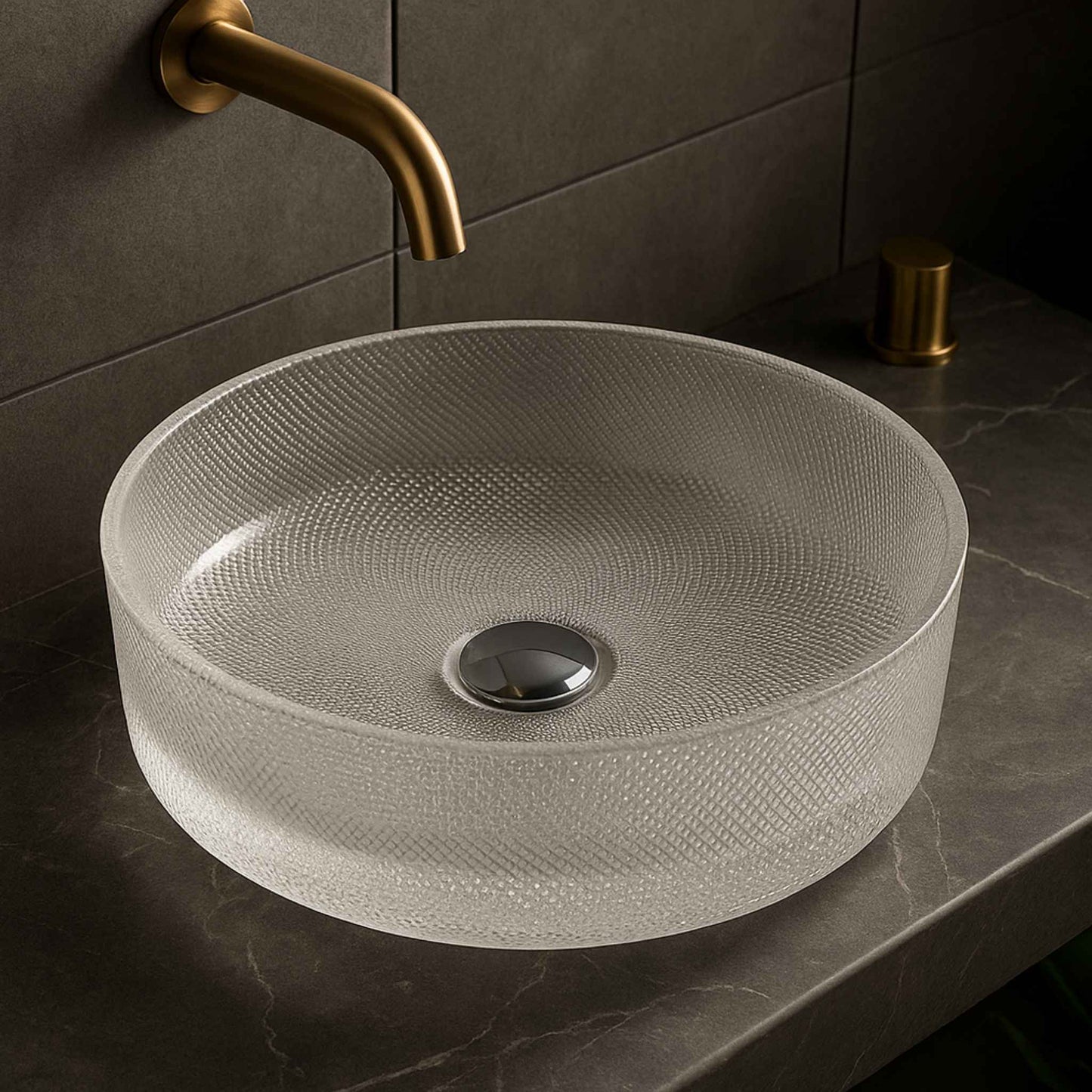 Round glass sink with textured surface on a dark tiled bathroom wall.
