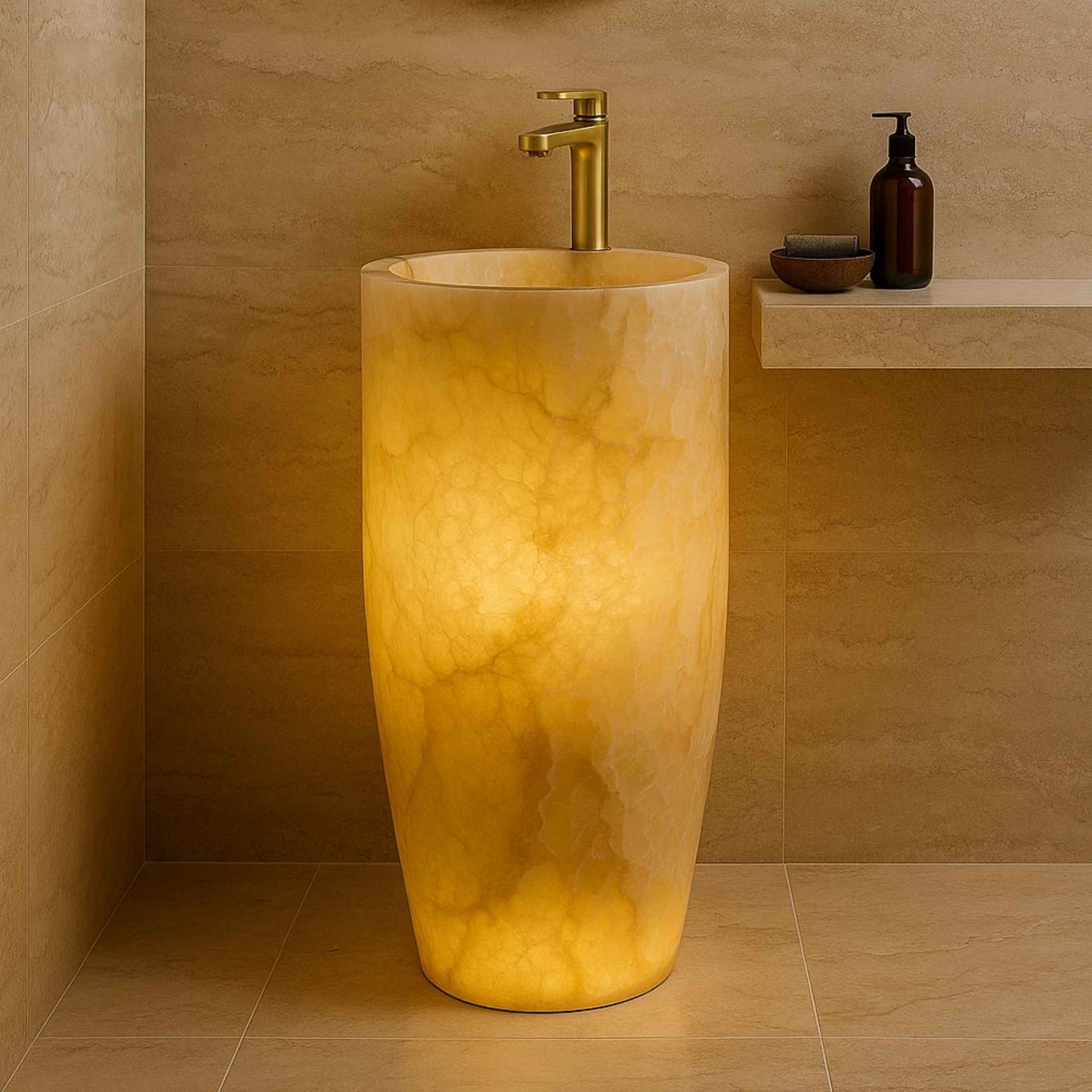 Beige freestanding sink with gold faucet in a bathroom setting, Luxury gold bathroom faucet on Italian marble washbasin
