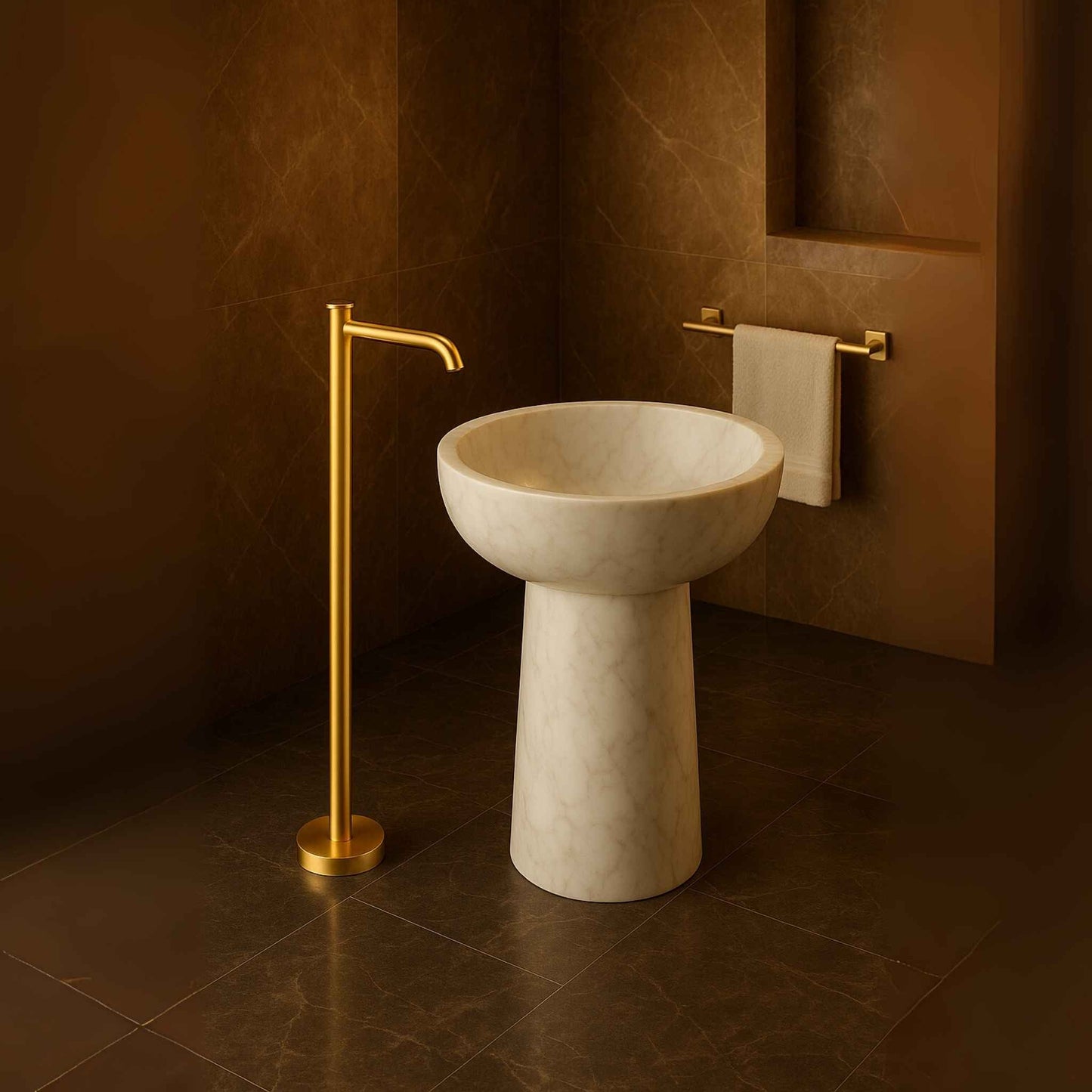 Gun gold floor standing basin tap with marble pedestal in luxury washroom