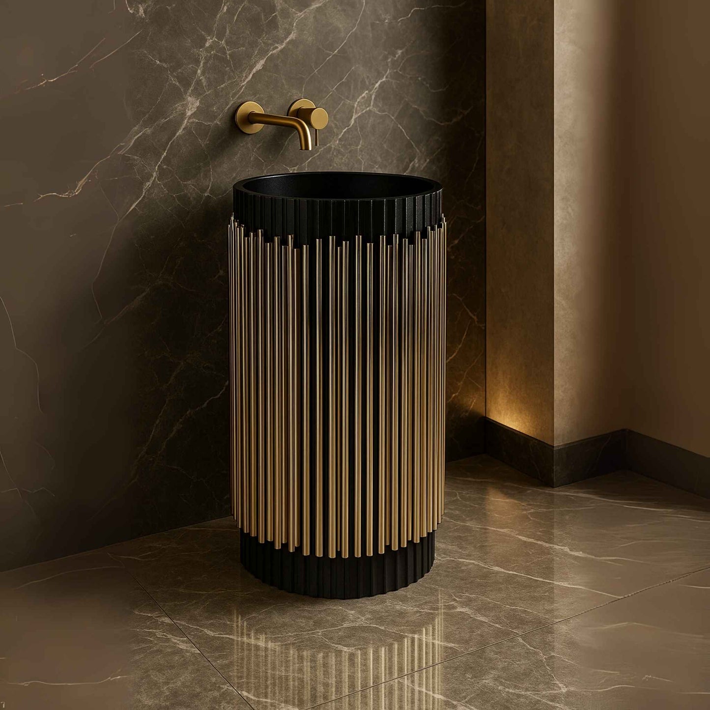 Front view of luxury gold fluted pedestal washbasin in marble bathroom
