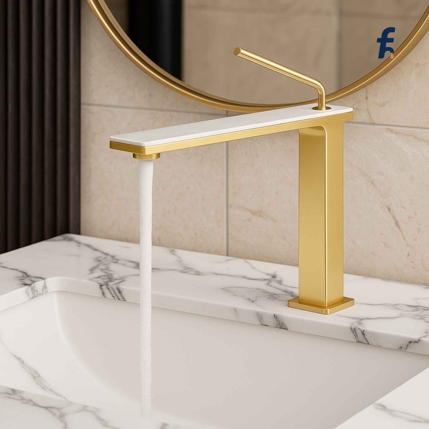 Gold faucet on a marble sink with a mirror in the background, Luxury gold and white marble basin faucet front view – modern single lever brass bathroom tap.