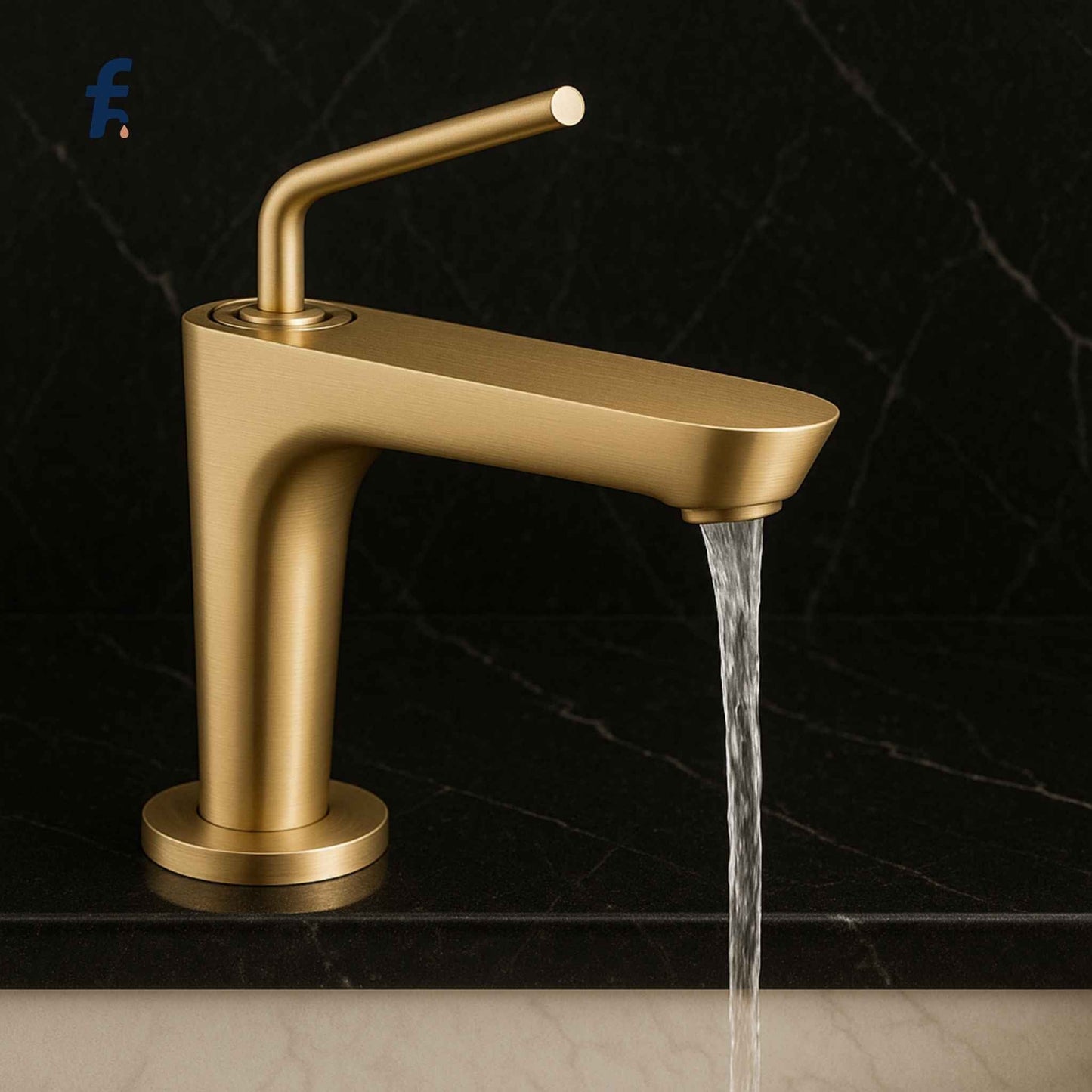 Gold faucet with water flowing on a black marble background, Brushed gold bathroom faucet with water flowing into white basin