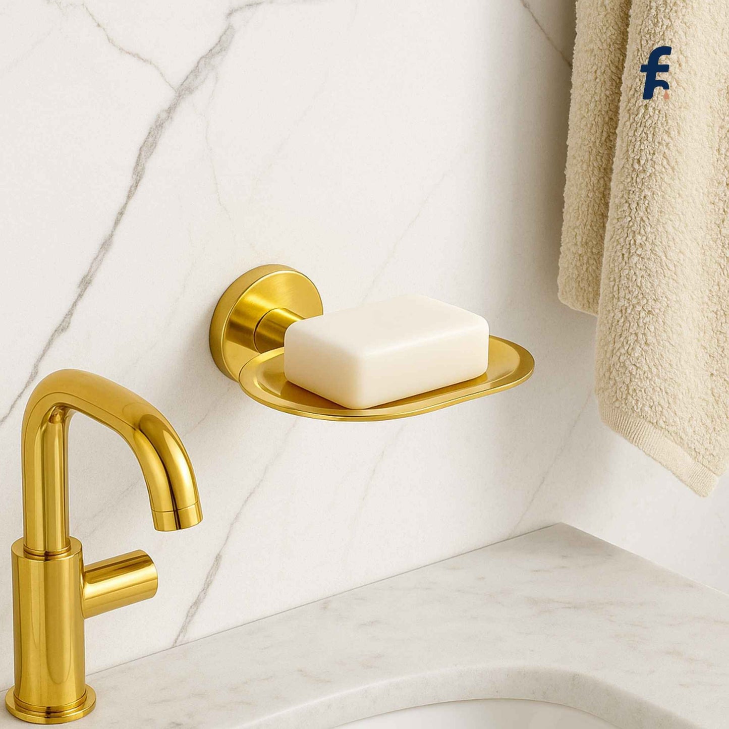 Gold faucet with soap dish and bar of soap on a marble wall, Elegant wall-mounted gold soap dish for luxury bathrooms