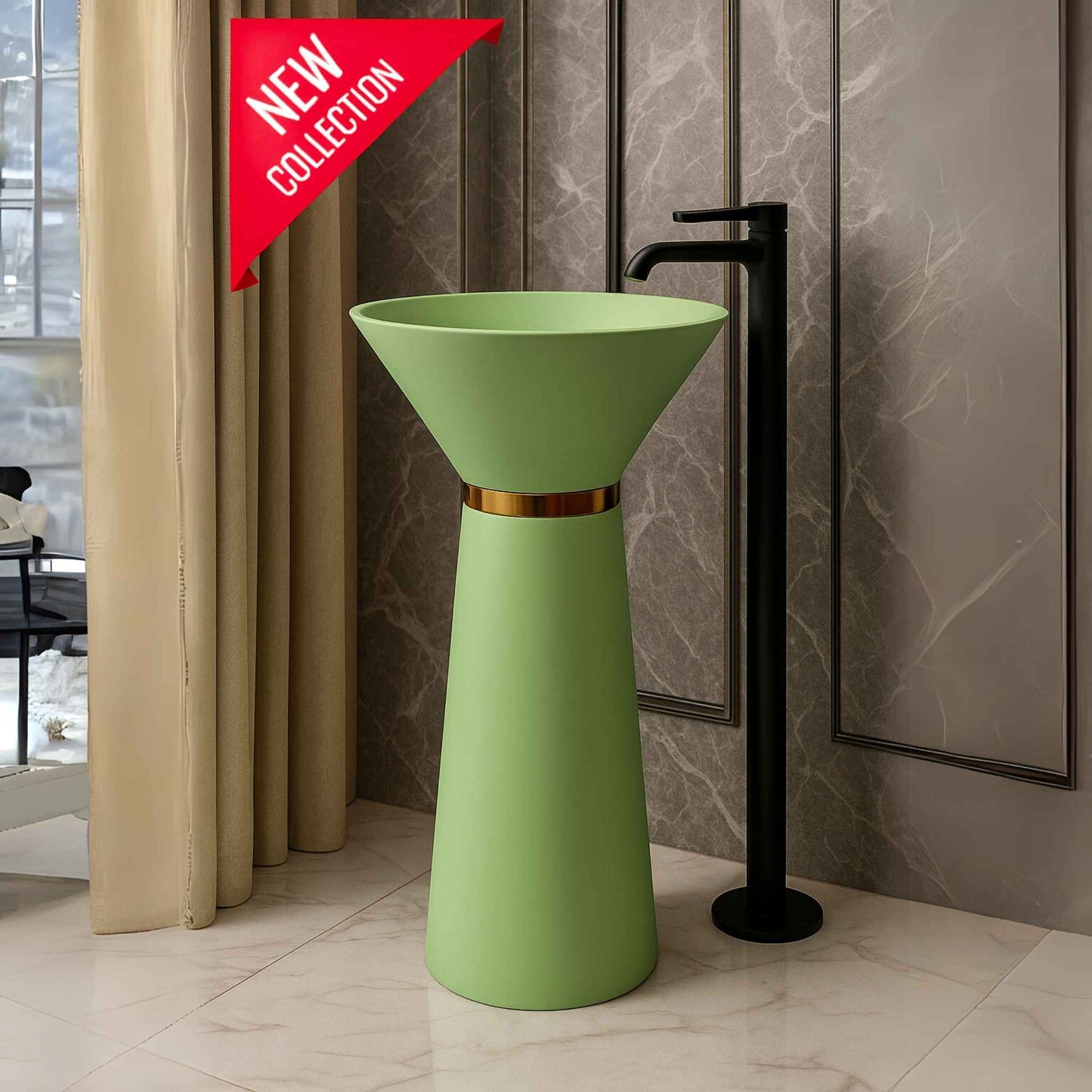 Luxury matte green pedestal washbasin with gold ring in a marble bathroom