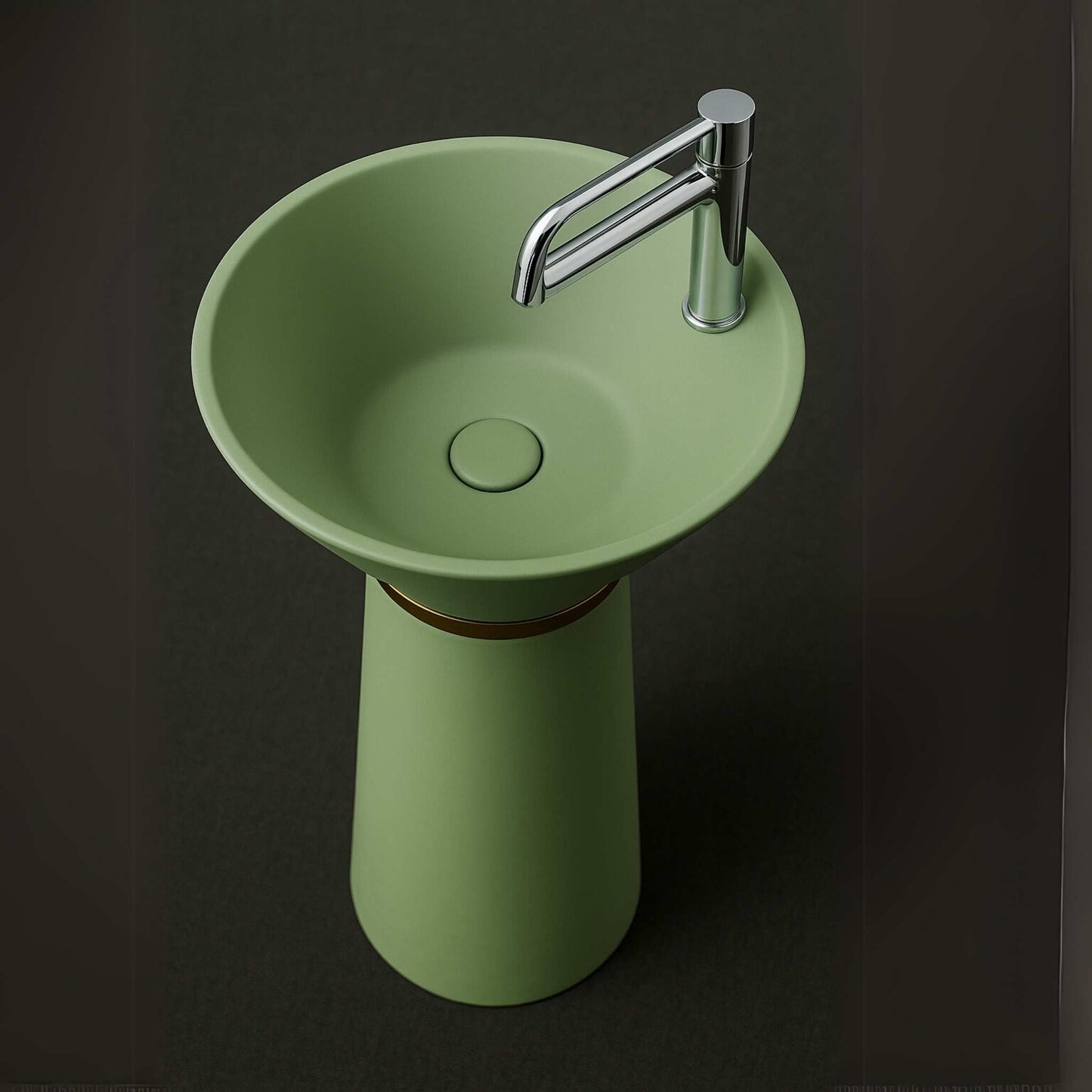 Luxury matte green pedestal washbasin with gold ring in a front angle
