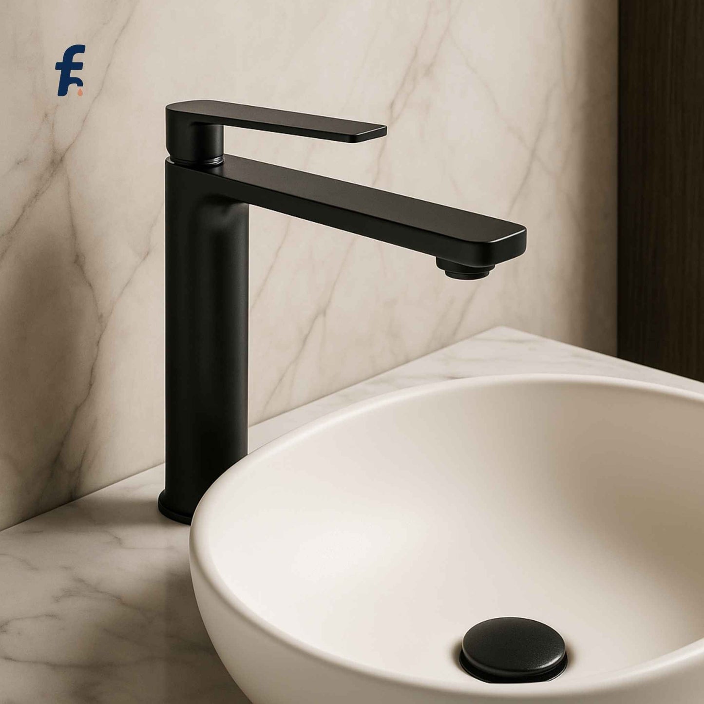 Black faucet on a white sink with marble wall background, Luxury gun grey tall mixer tap for modern bathroom washbasins