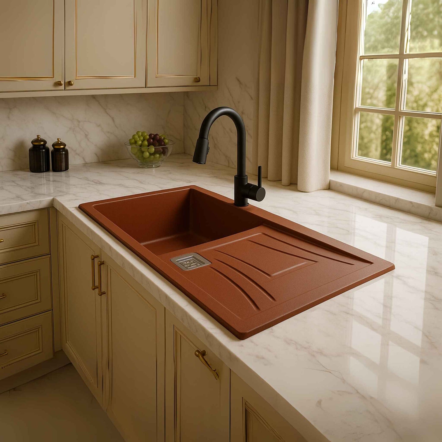 Brown granite kitchen sink 36x18x9 inch placed in a luxurious marble kitchen with brass hardware