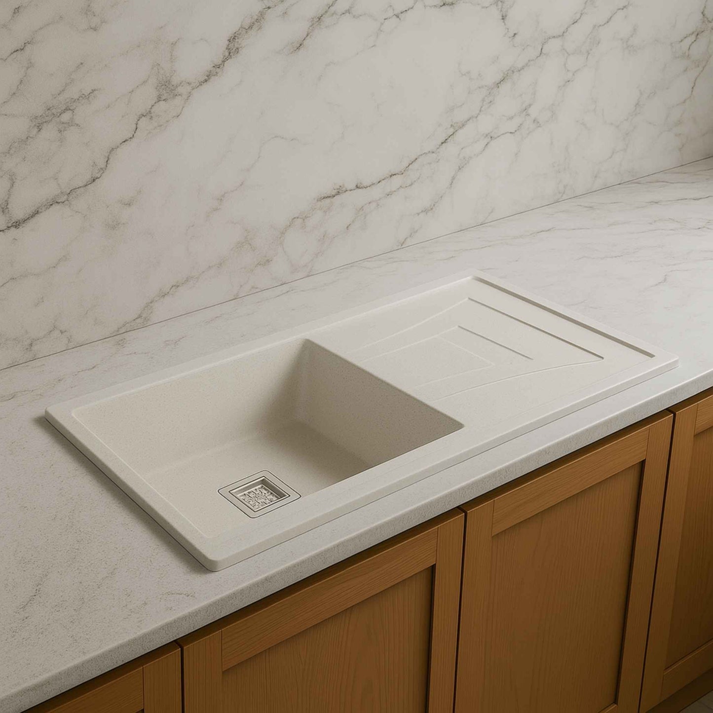 Full view of modern luxury kitchen highlighting the white metallic quartz kitchen sink
