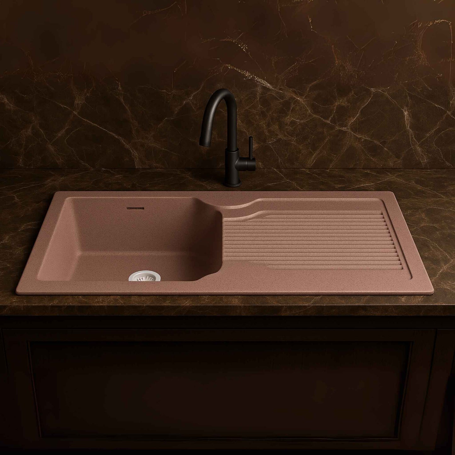 Front angle view of rose granite kitchen sink with drainer in luxury kitchen