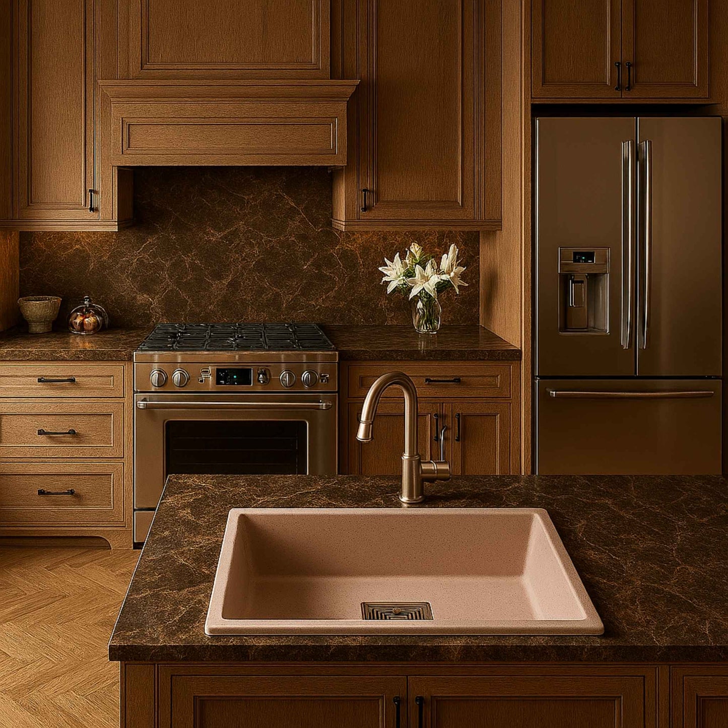 Full luxury kitchen with rose pink granite sink installed in brown Italian marble countertop and wooden cabinets