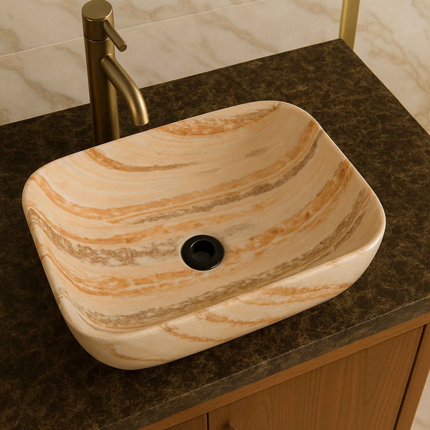 Top angle of luxury ceramic table top wash basin with realistic marble pattern in beige tones
