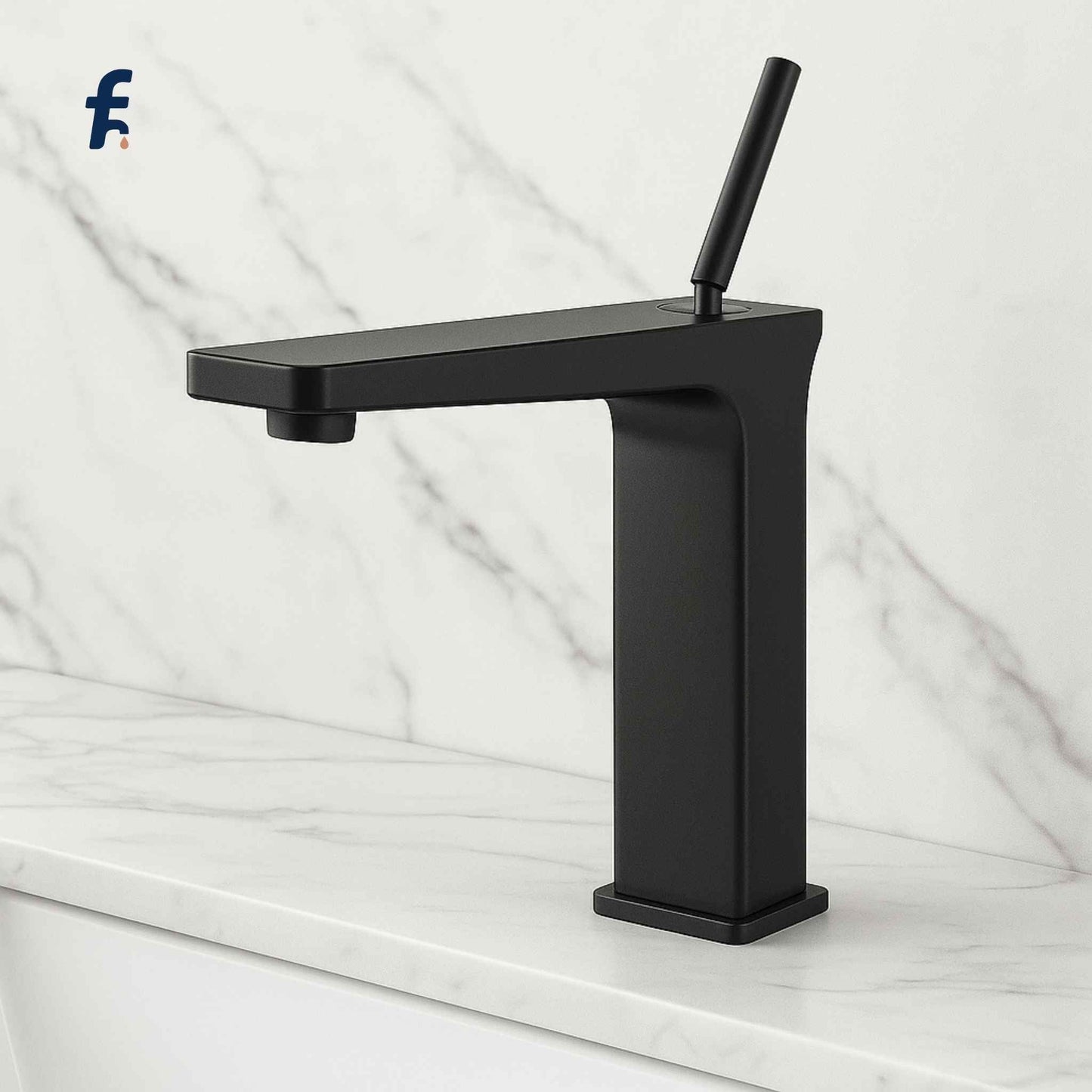 Black faucet on a marble countertop with a light gray background, Luxury matte black faucet made of premium brass for designer washbasins and vanity tops.