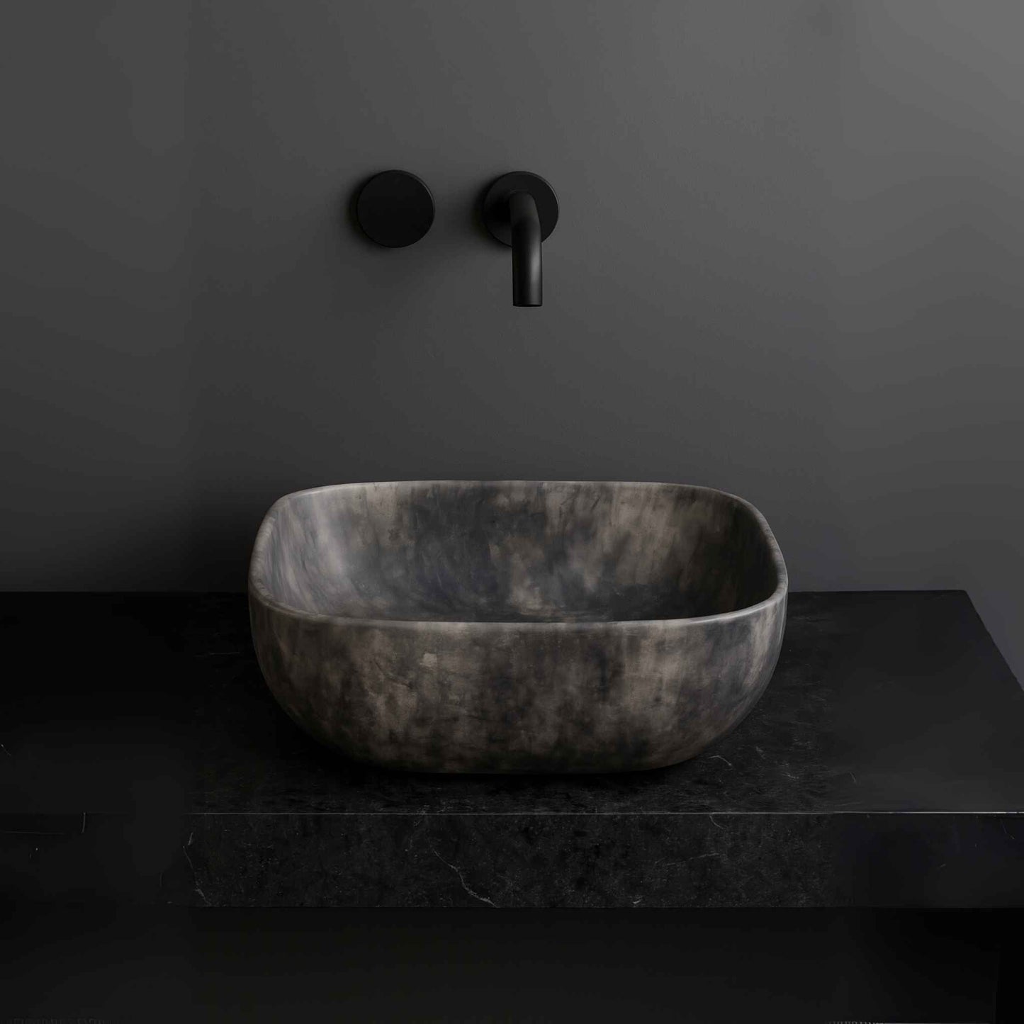 matte black marble finish rectangular wash basin placed on modern vanity