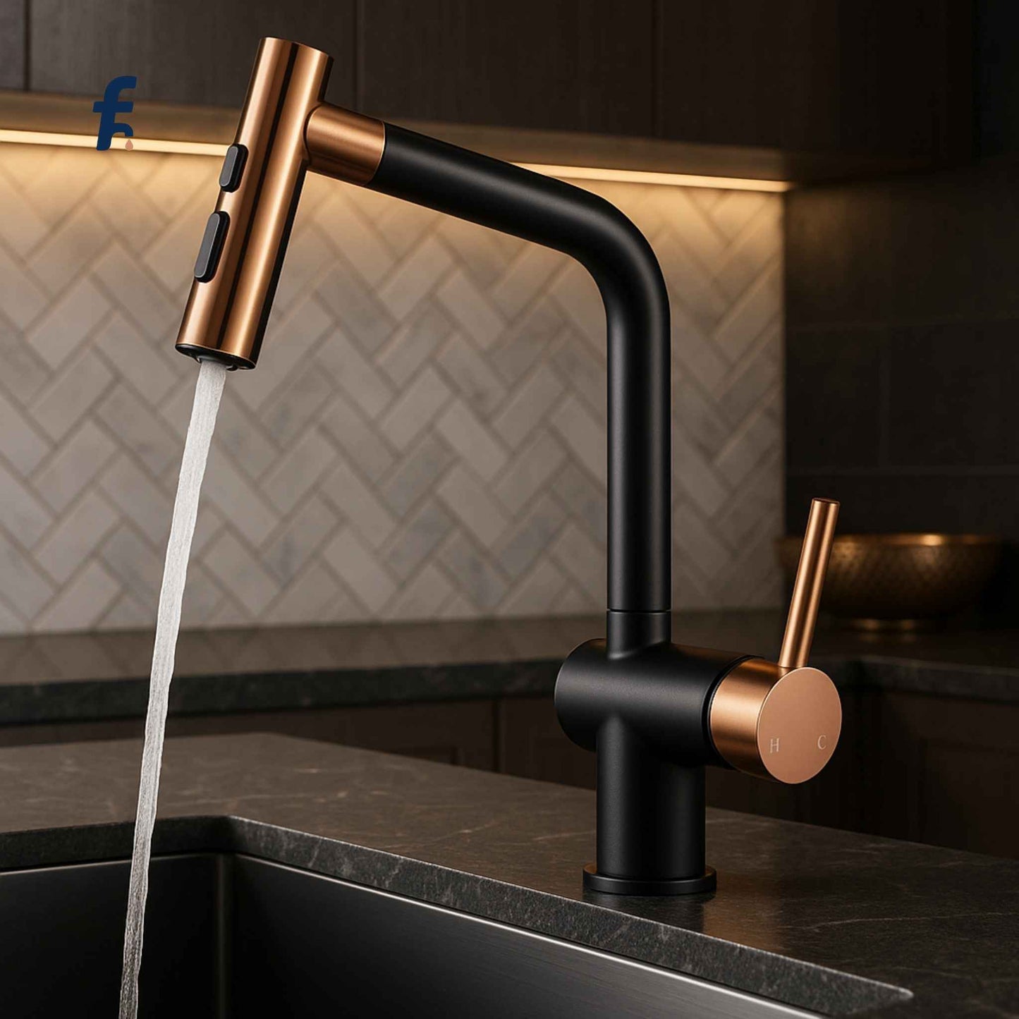 Modern kitchen faucet with water flowing into a sink, set against a dark backsplash.