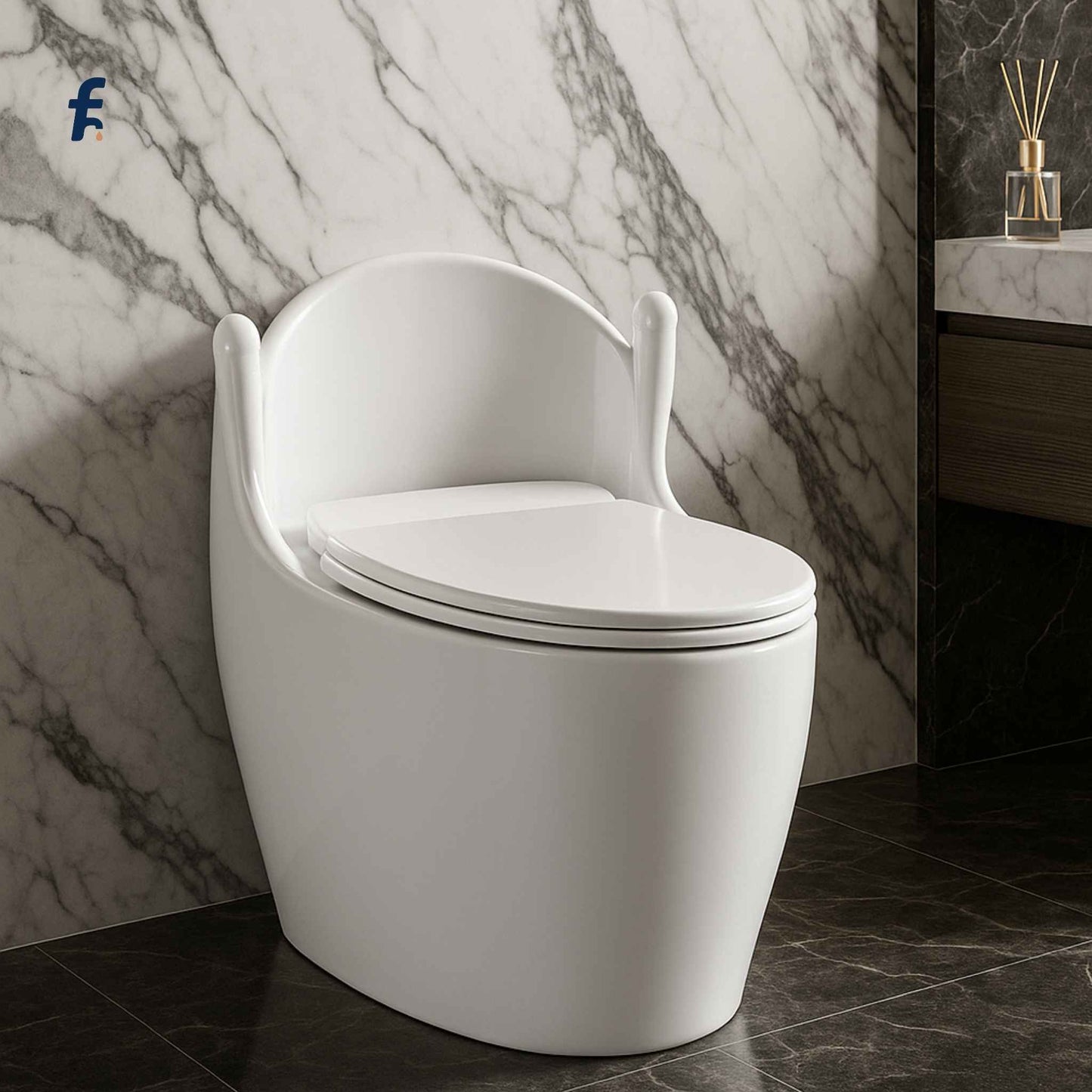 Modern white toilet in a bathroom with marble walls and a decorative vase.