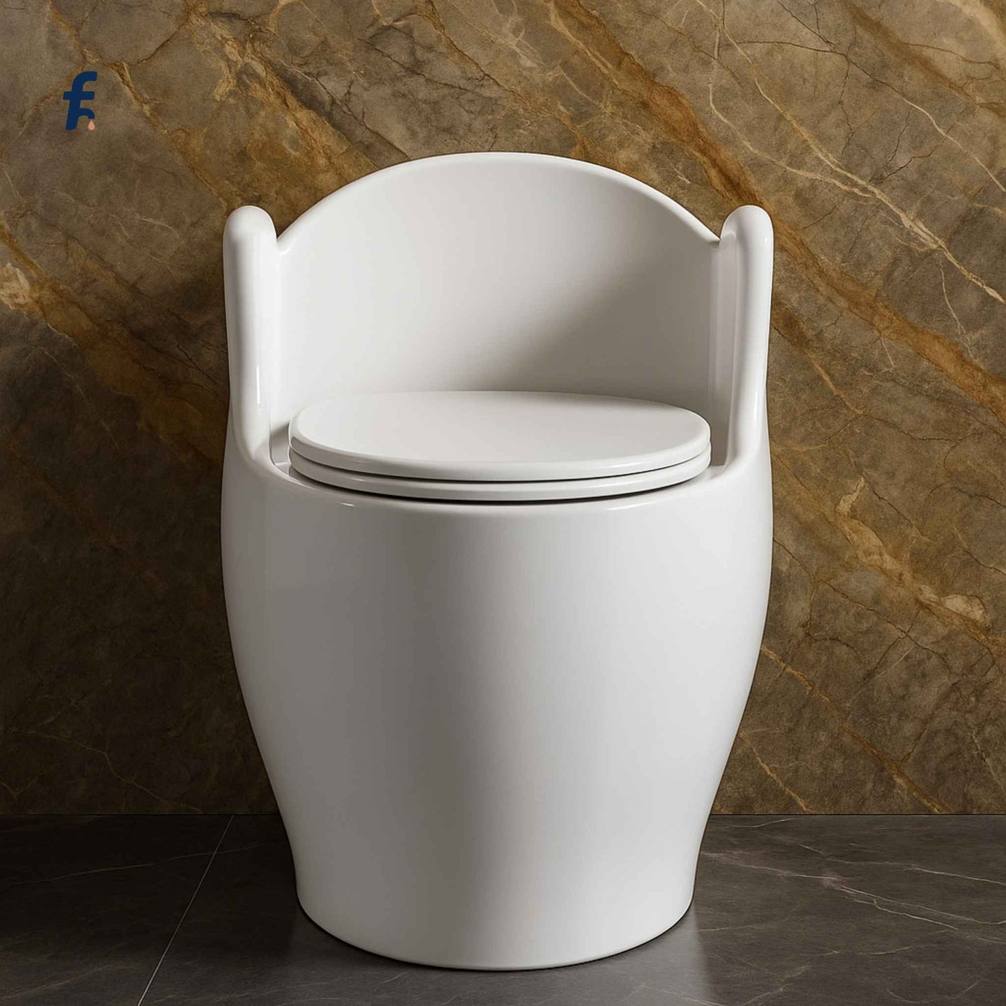 Side view close-up of premium white ceramic one-piece toilet EQIT 111 with elegant curves and siphonic flush.