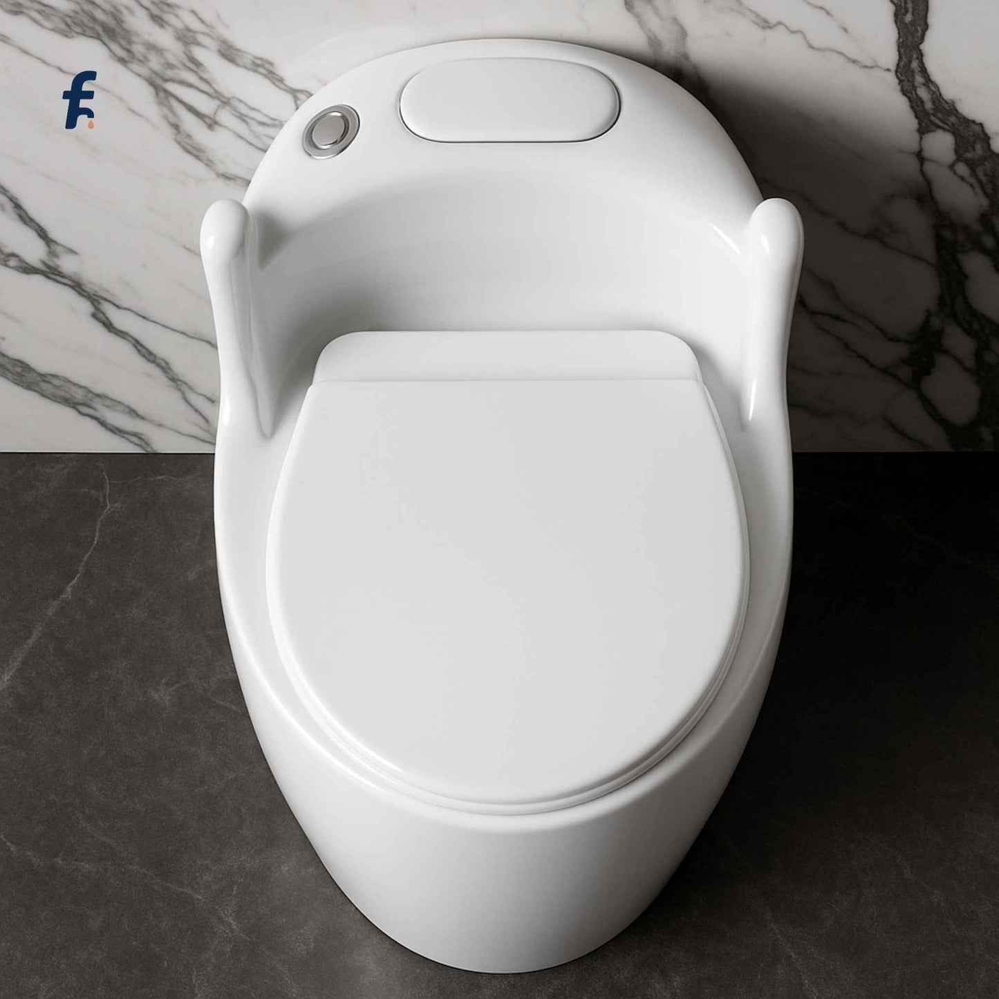 Top angle view of EQIT 111 one-piece western toilet showing sleek white finish and premium seat design.