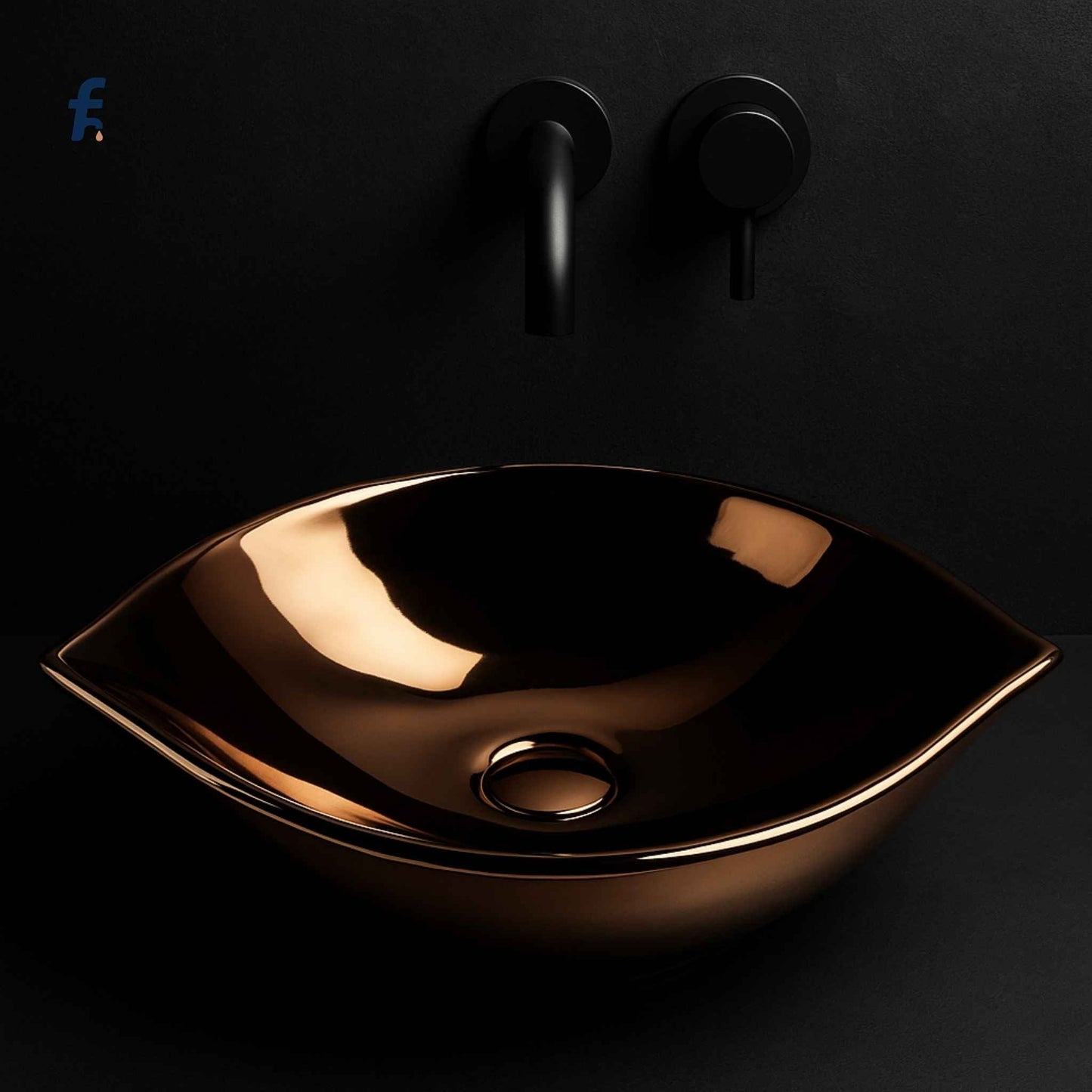 Close-up of EQTT-464 rose gold vessel sink with matte black faucet