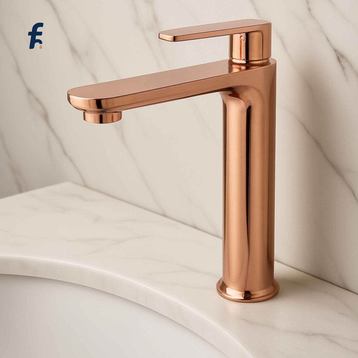 Rose gold faucet on a white background, Rose gold tall basin faucet with premium brass body and zinc handle