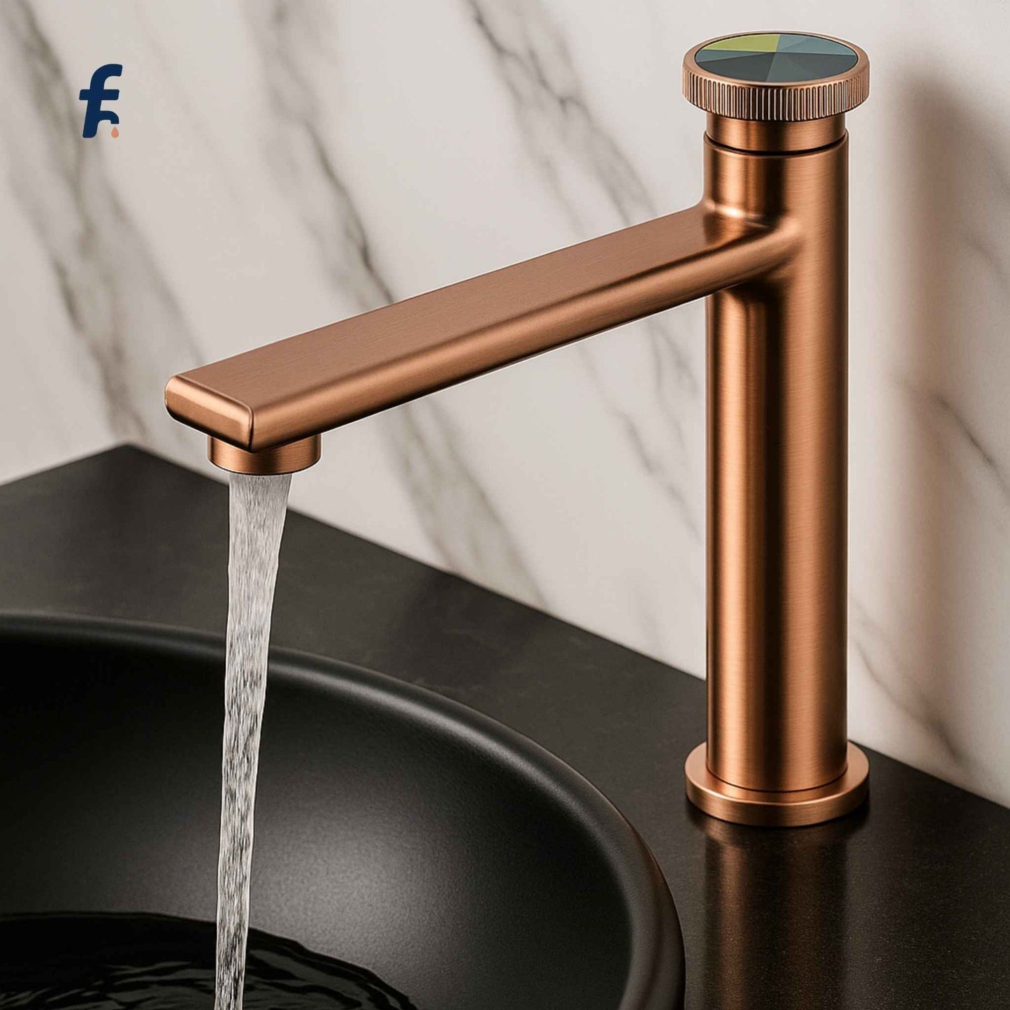 Bronze faucet with water flowing into a sink against a marble background, Designer rose gold faucet with black basin