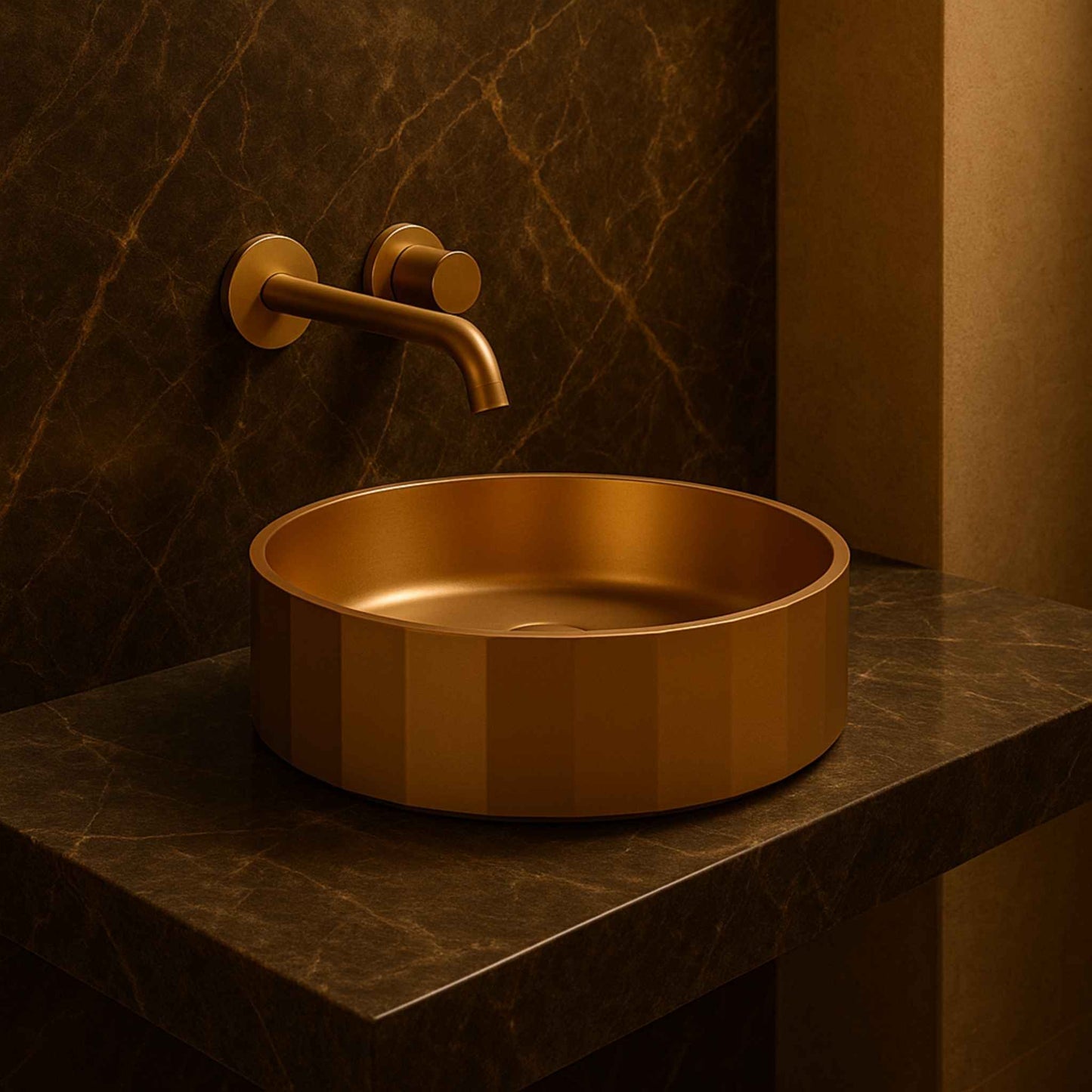 Side angle of EQST-006 rose gold PVD coated wash basin with polygonal design on marble countertop