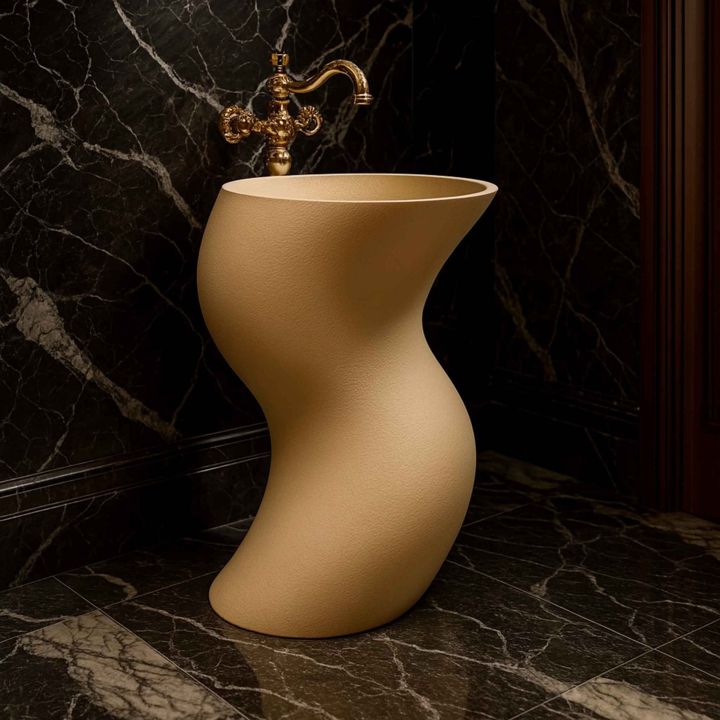 Front view of a sculptural beige freestanding washbasin with a gold faucet, placed in a luxurious dark Italian marble bathroom.