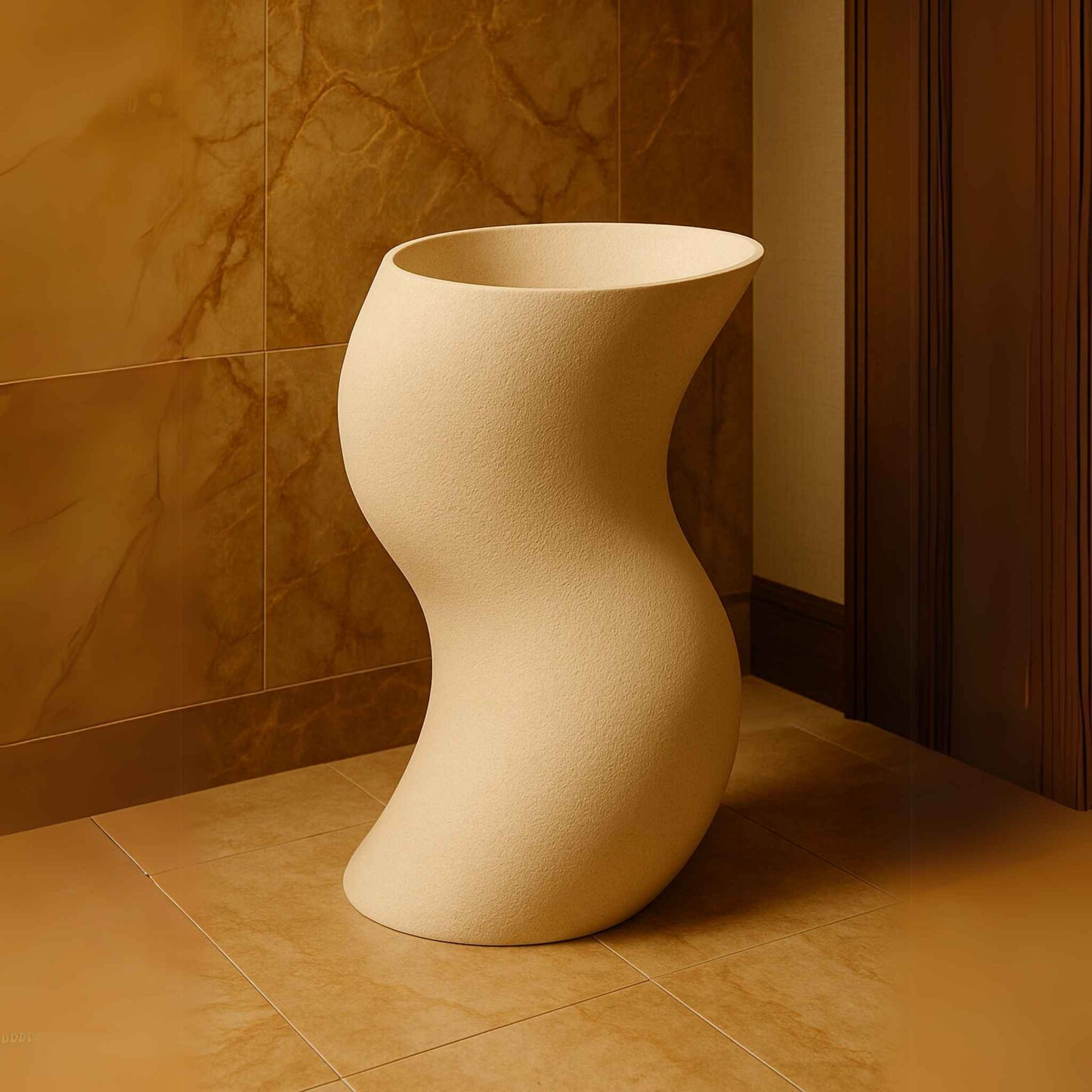 Sculptural freestanding beige stone washbasin in luxury bathroom setting