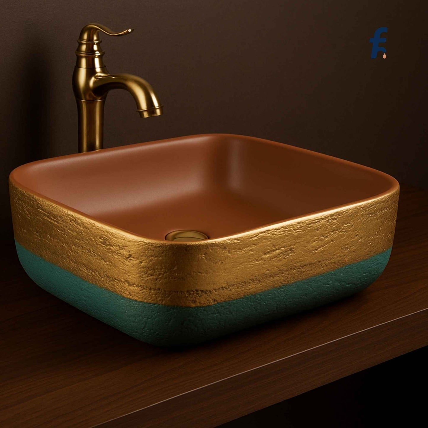 Side view of artistic brown gold bathroom countertop basin
