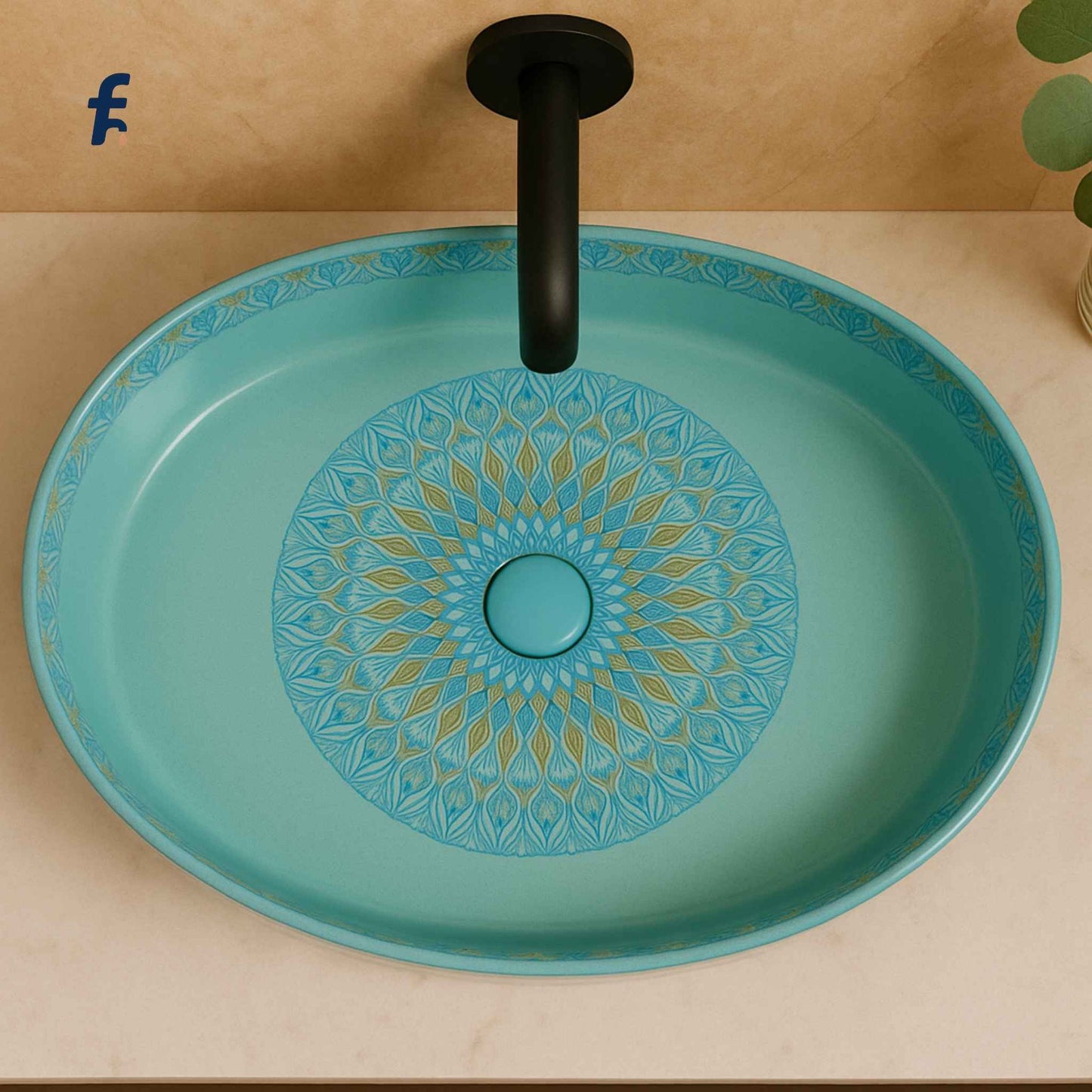 Turquoise sink with decorative pattern and black faucet on a beige background
