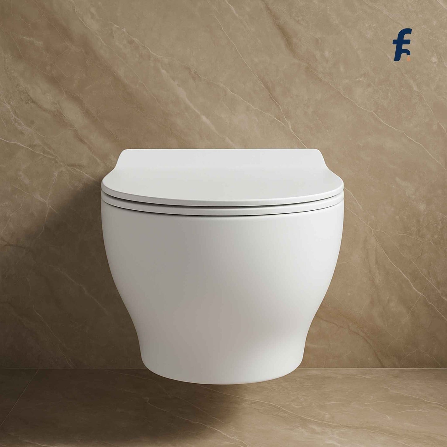 White toilet bowl with closed lid on a beige marble background, Front view of rimfree wall hung toilet in modern marble bathroom
