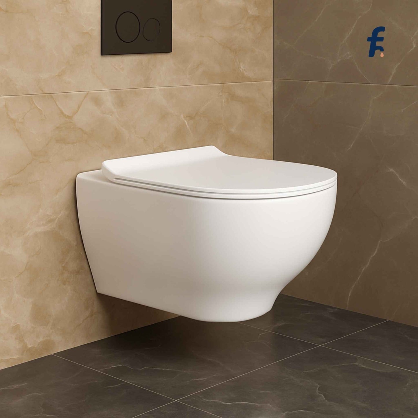White wall-mounted toilet in a bathroom with beige tiles and a dark floor, Side view of premium wall mounted WC with Italian marble backdrop