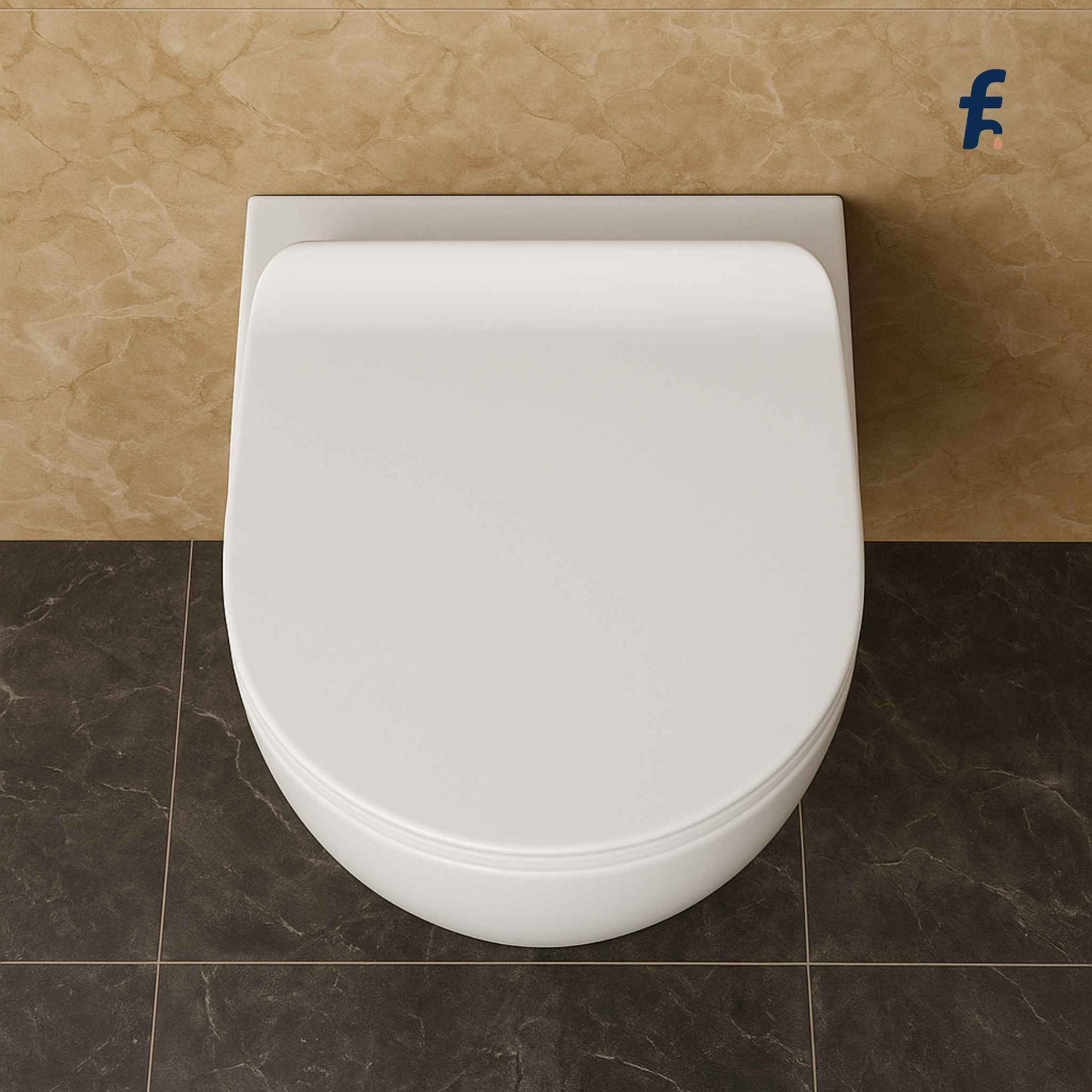 White toilet seat against a beige tiled wall, Top angle image of floating compact toilet with dark flooring
