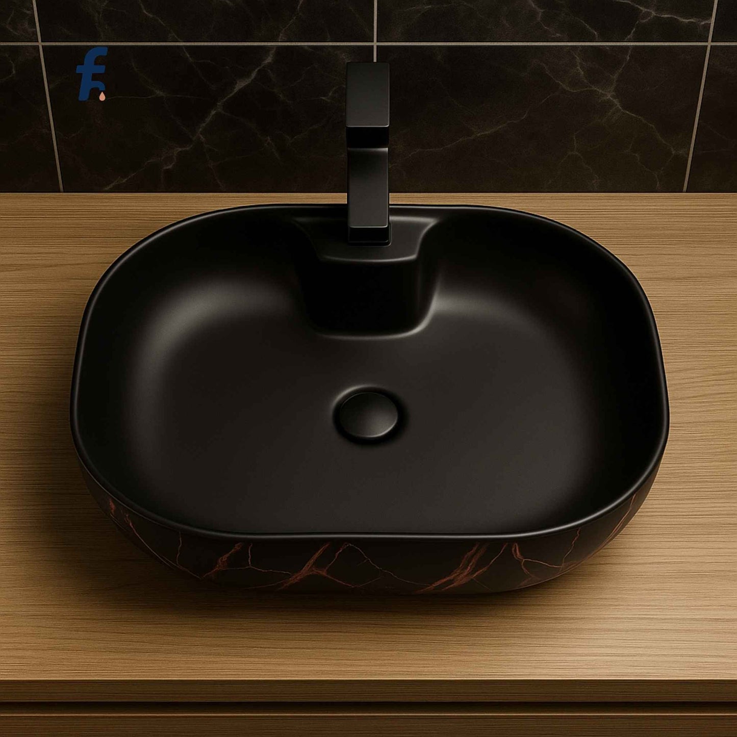 Black ceramic sink on a wooden countertop with a dark tiled wall background