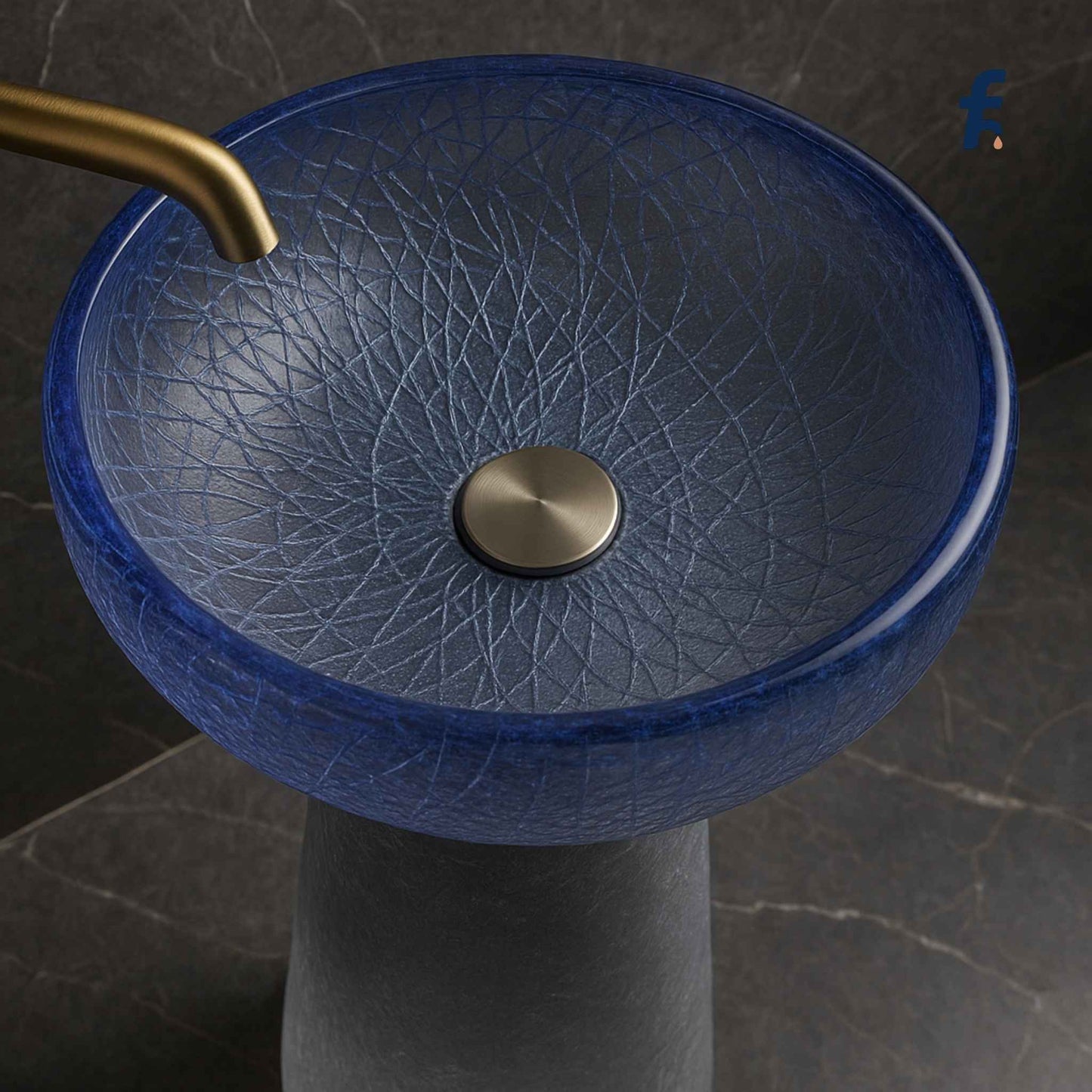 Top view highlighting texture and shine of deep blue crackled wash basin
