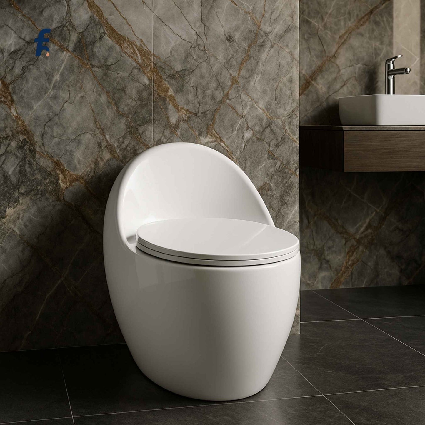 Modern white toilet in a bathroom with marble walls and dark tiles.